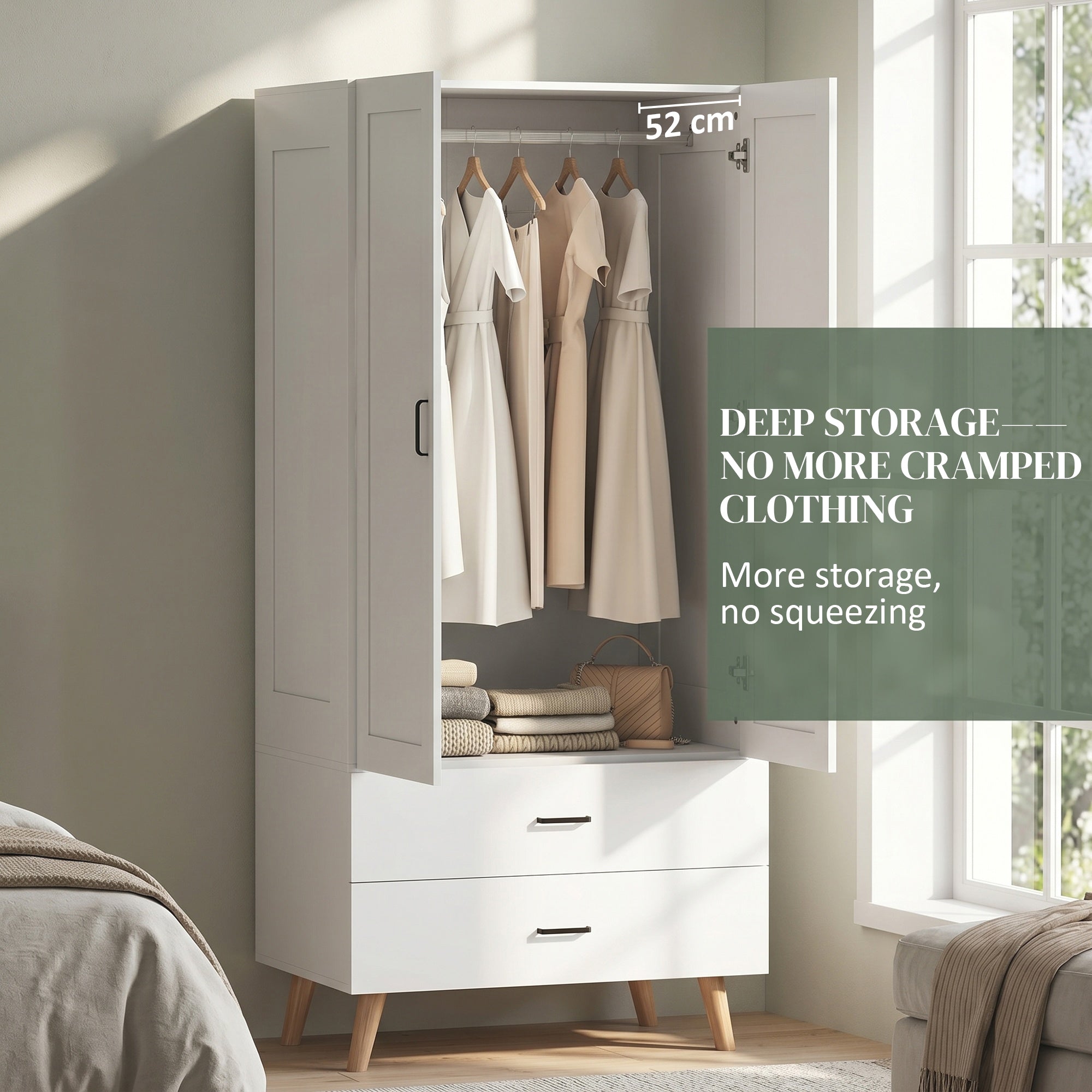 2-Door Wardrobe, Modern Deep Wardrobe with 2 Drawers and Hanging Rail for Bedroom, Flats, 80 x 54 x 180 cm, White