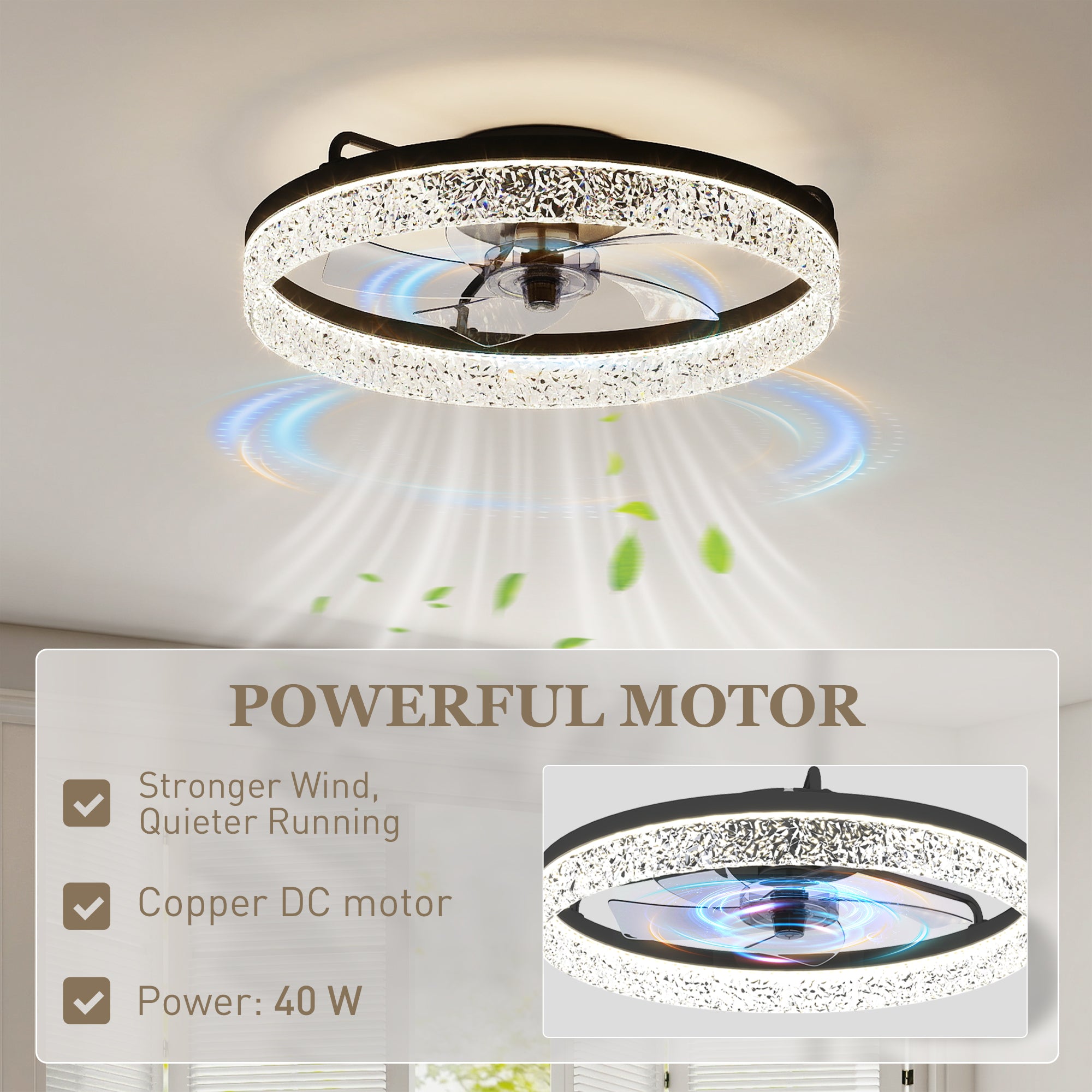 Ceiling Fans with Lights and Remote & App Control, 50 cm Modern LED Ceiling Fan Light with 3 Colour Temperatures, 6 Speed, Timer, Dimmable, Quiet Reversible DC Motor, for Bedroom, Study, Black