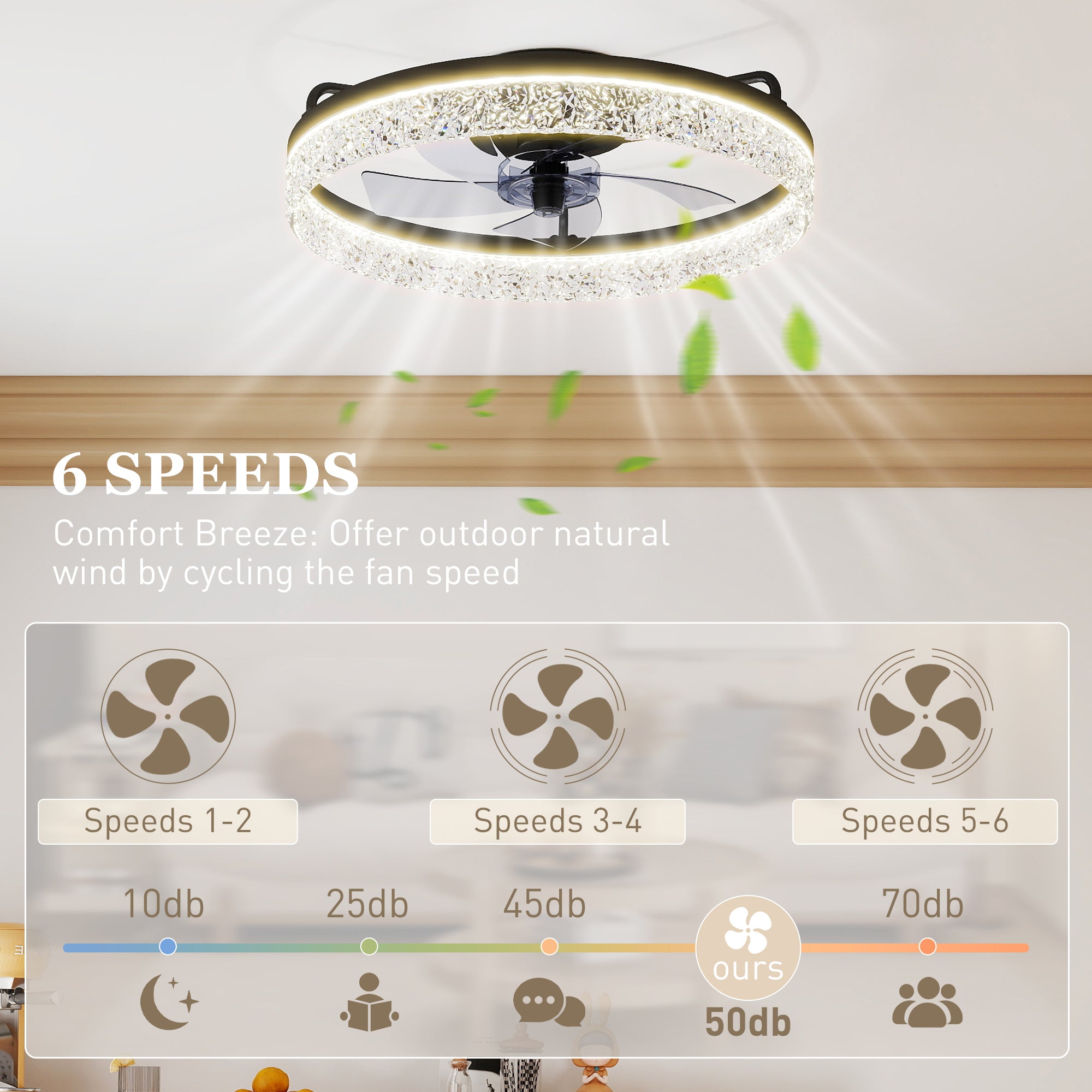 Ceiling Fans with Lights and Remote & App Control, 50 cm Modern LED Ceiling Fan Light with 3 Colour Temperatures, 6 Speed, Timer, Dimmable, Quiet Reversible DC Motor, for Bedroom, Study, Black