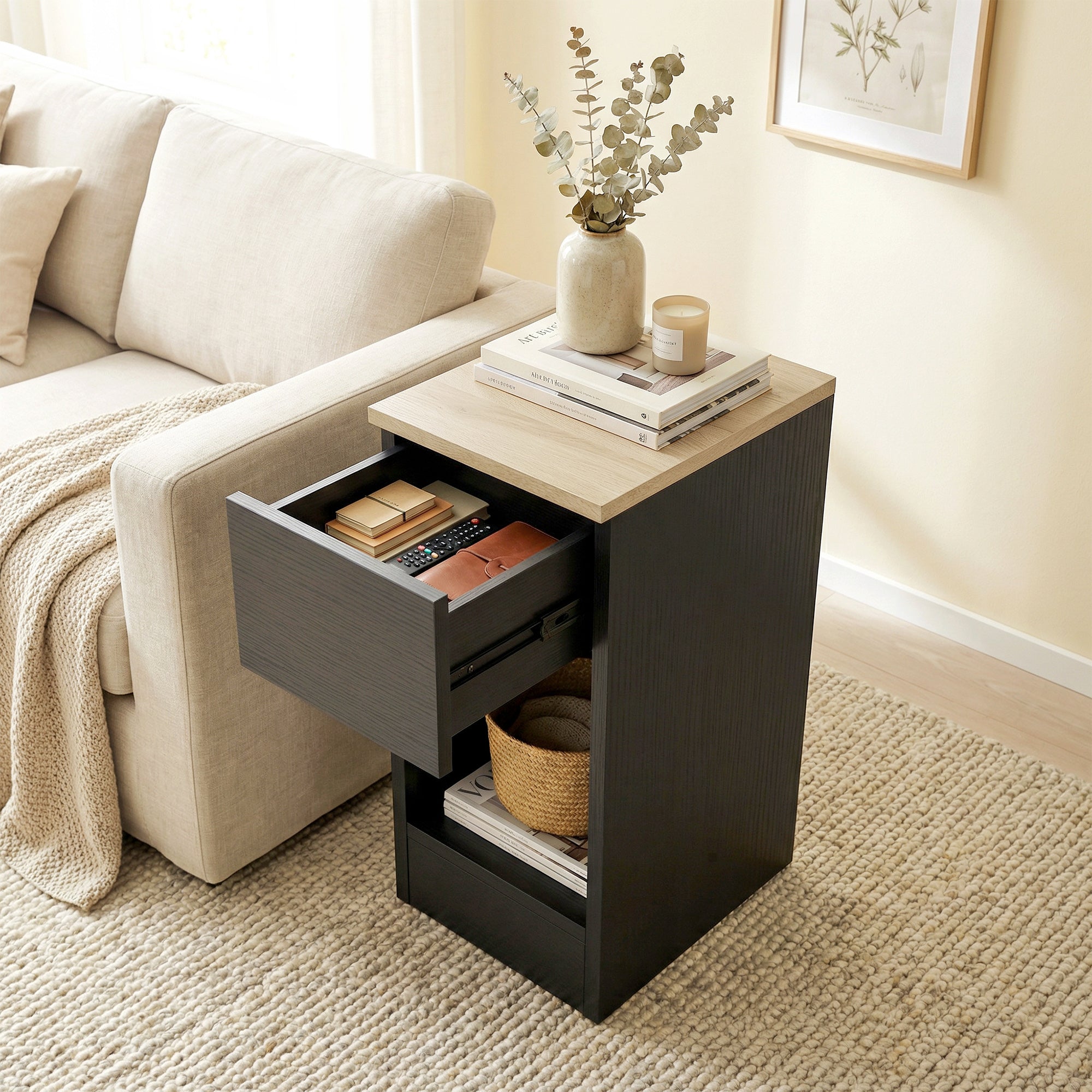 Bedside Tables Set of 2, Modern Side Tables with Drawer and Shelf, Nightstands for Bedroom, Living Room, Black