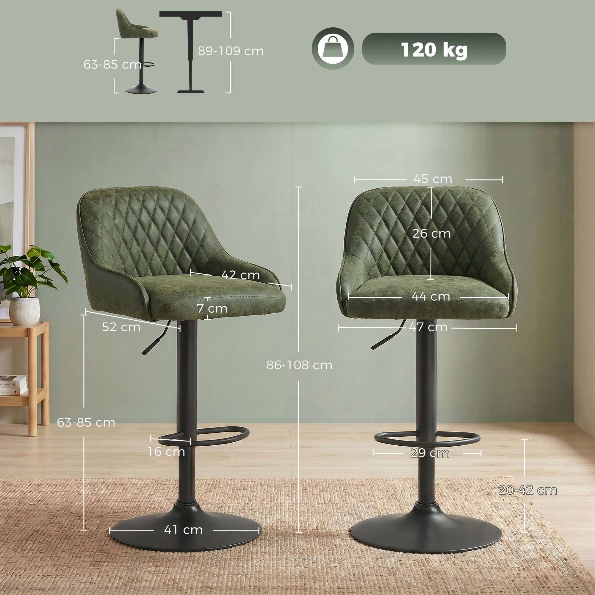Breakfast Bar Stools Set of 2 with Wide Padded Seat, PU Leather Adjustable Swivel Bar Chairs, Modern Barstools with Footrest for Kitchen Island Counter, Home Bar, Dark Green