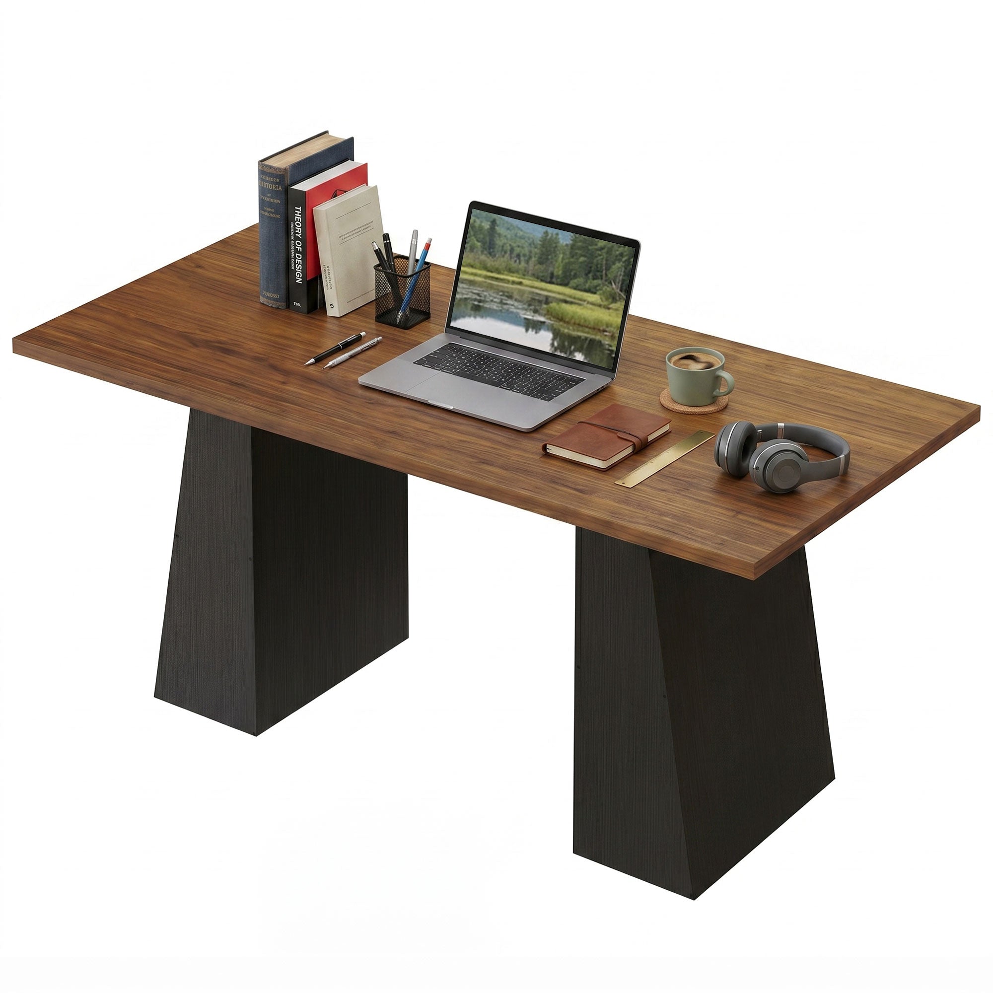 63 Inch Computer Desk, Modern Industrial Writing Desk with Trapezoidal Frame, Easy Assembly Desk Workstation for Home Office, Living Room, Light Walnut and Black