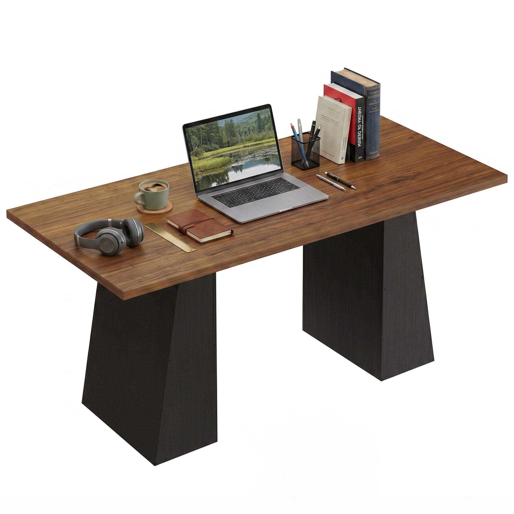 63 Inch Computer Desk, Modern Industrial Writing Desk with Trapezoidal Frame, Easy Assembly Desk Workstation for Home Office, Living Room, Light Walnut and Black