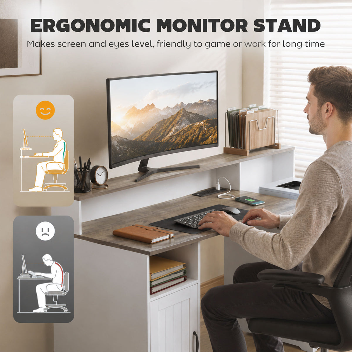 Farmhouse Computer Desk with Drawers, 65" Home Office Desk with Power Outlets, Storage Cabinet, Printer Stand, Monitor Stand, Adjustable Hanging Bar, Grey Brown and White