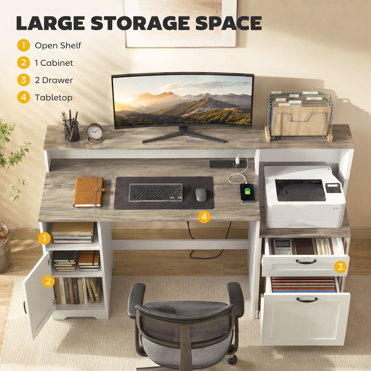 Farmhouse Computer Desk with Drawers, 65" Home Office Desk with Power Outlets, Storage Cabinet, Printer Stand, Monitor Stand, Adjustable Hanging Bar, Grey Brown and White
