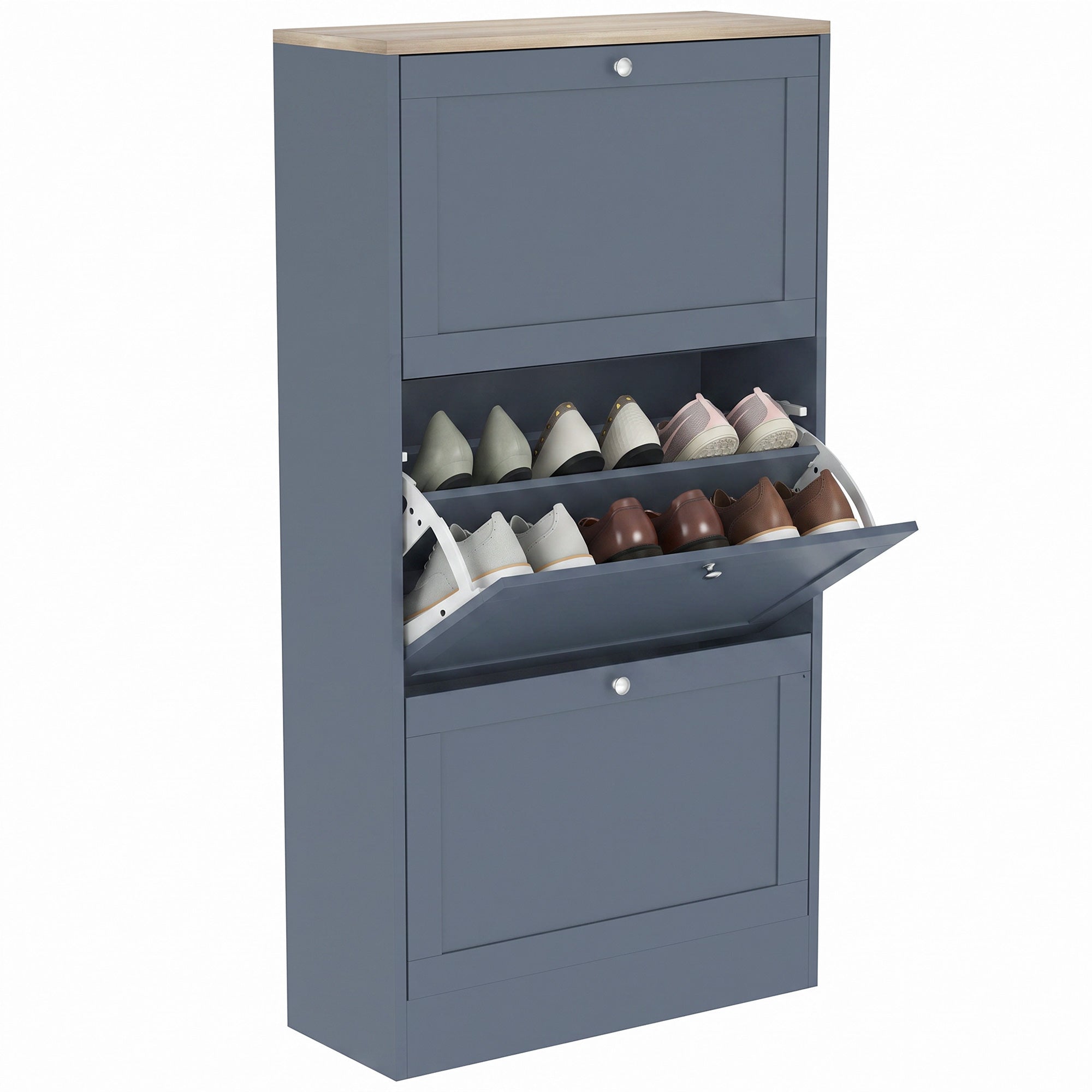 Modern Shoe Storage Cabinet with 3 Flip Drawers, Wooden Freestanding Shoe Cabinet with Adjustable Shelves, 12-18 Pairs, for Entryway, Hallway, Blue