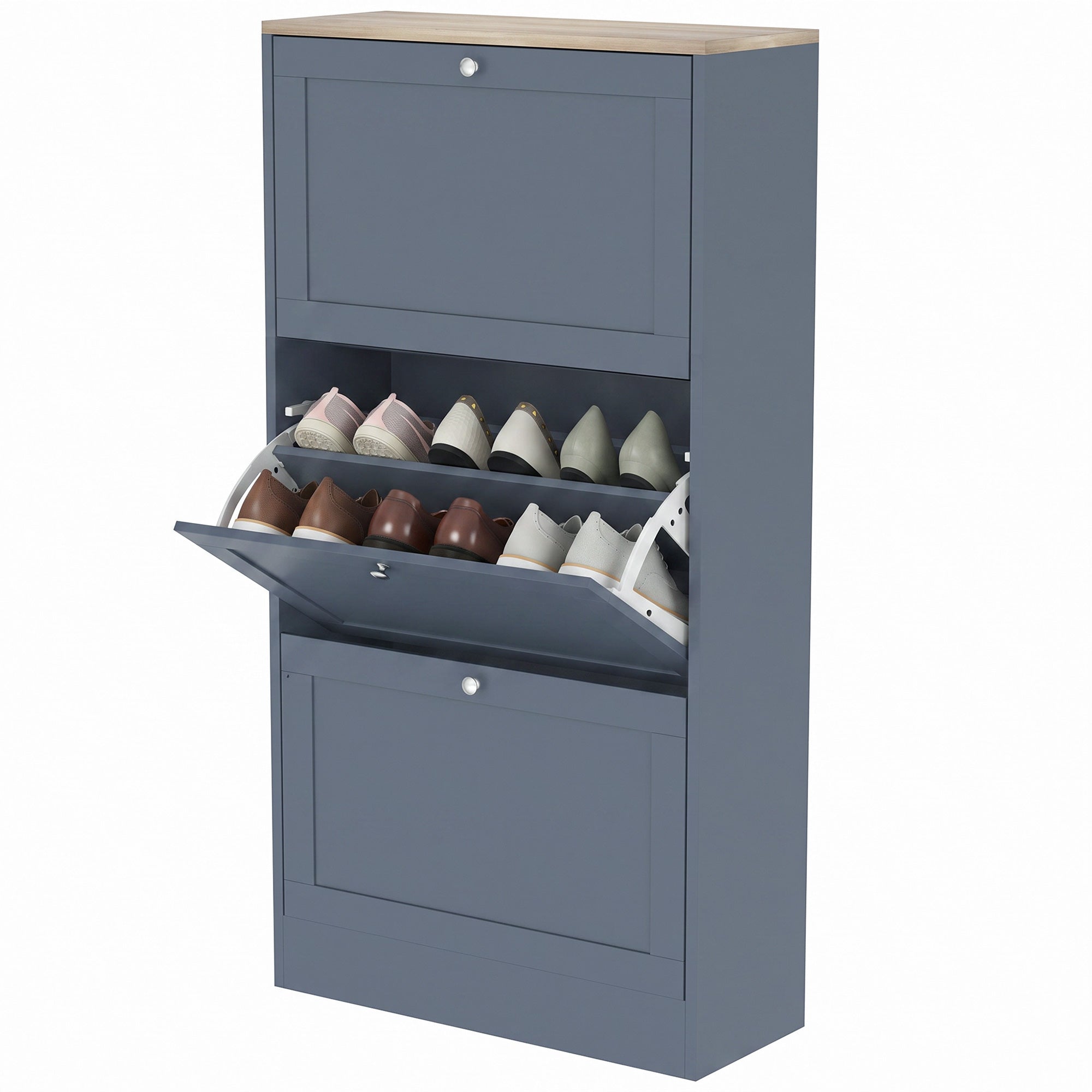 Modern Shoe Storage Cabinet with 3 Flip Drawers, Wooden Freestanding Shoe Cabinet with Adjustable Shelves, 12-18 Pairs, for Entryway, Hallway, Blue
