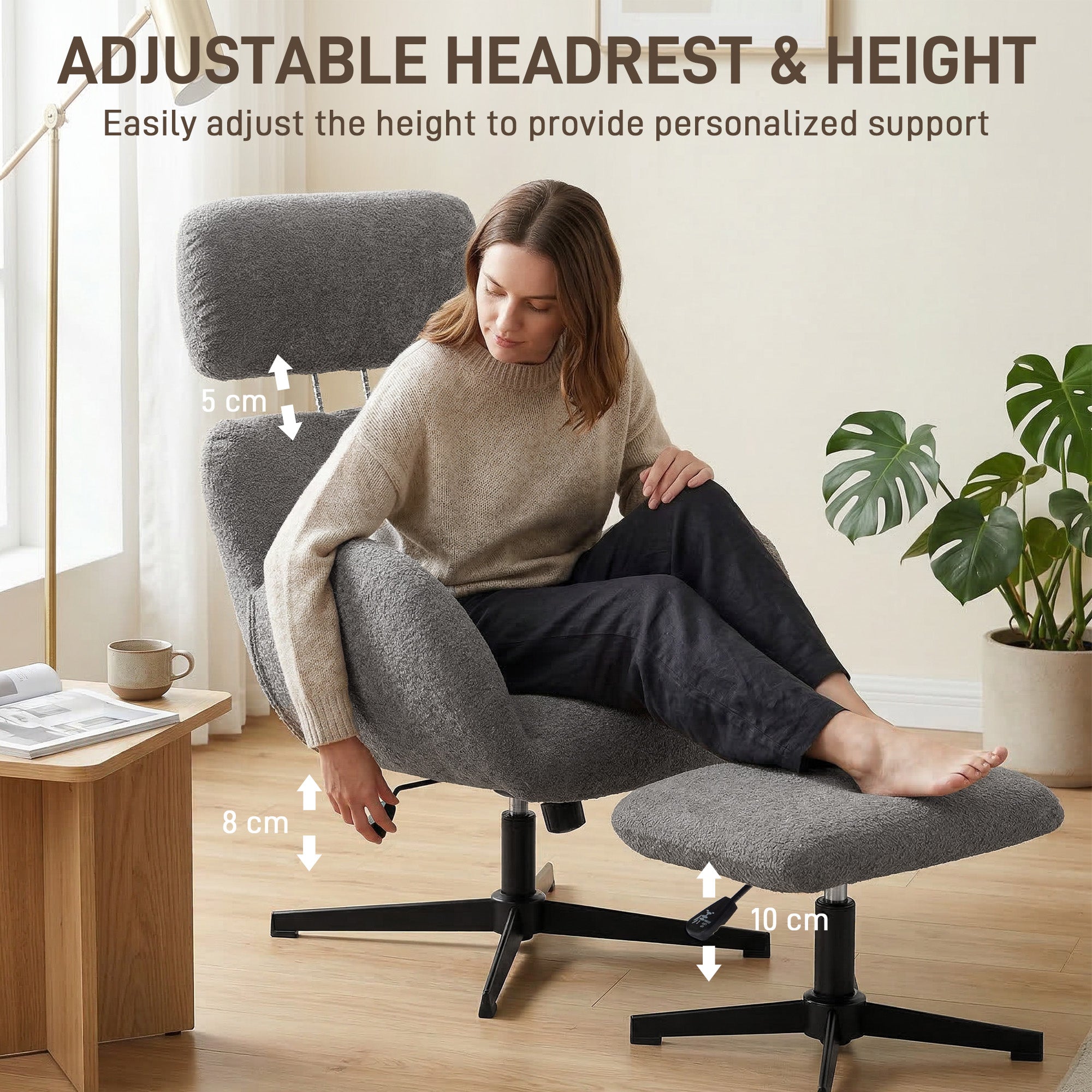Swivel Armchair and Footstool Set, Raindrop Velvet Height Adjustable Accent Chair with Adjustable Headrest, Rocking Function, Wide Back, Modern Lounge Chair for Living Room, Grey