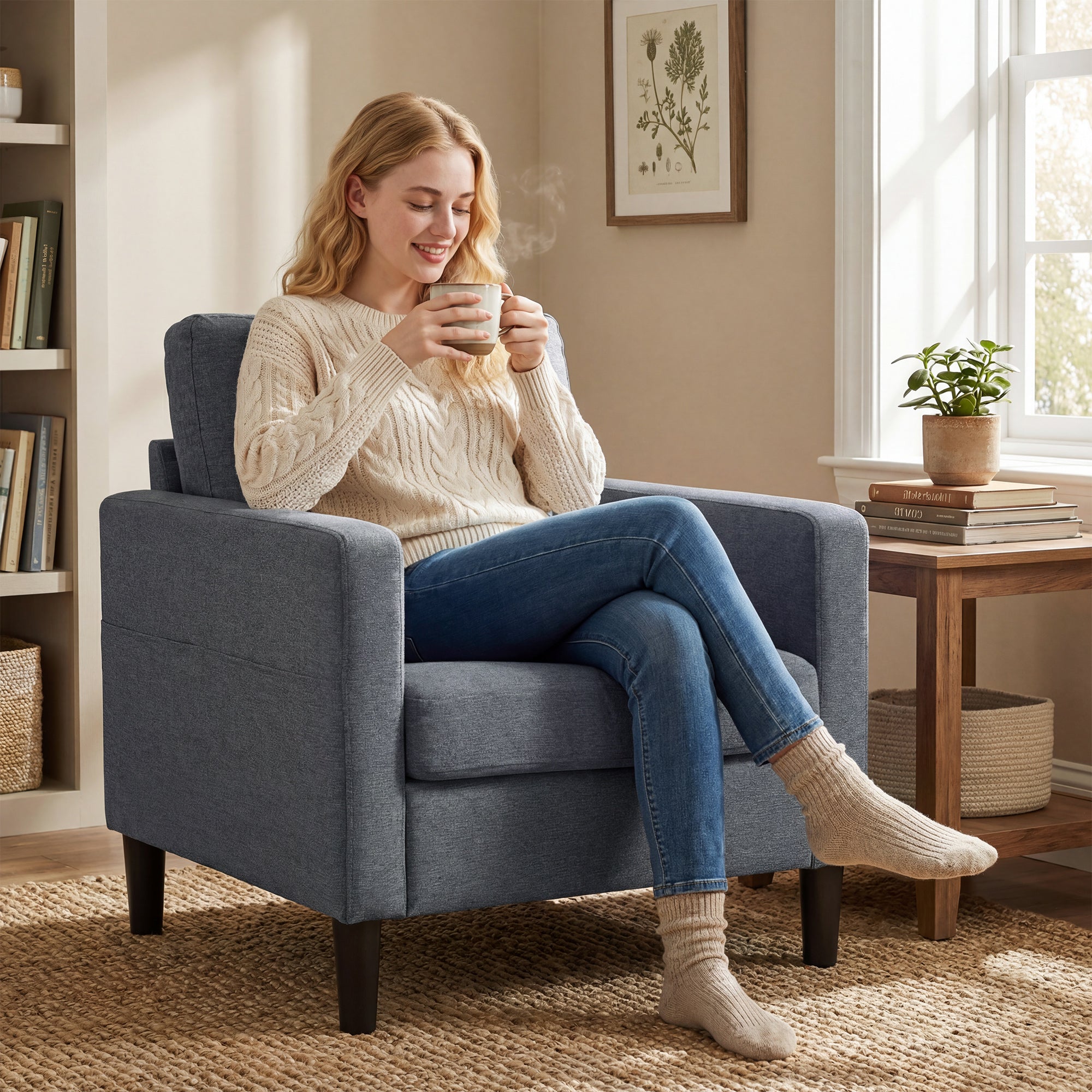 Linen-Feel Fabric Accent Chair, Modern Armchair, Living Room Chair with Armrests and Thick Padded Seat, Upholstered Single Sofa for Living Room, Bedroom, Study, Dark Grey