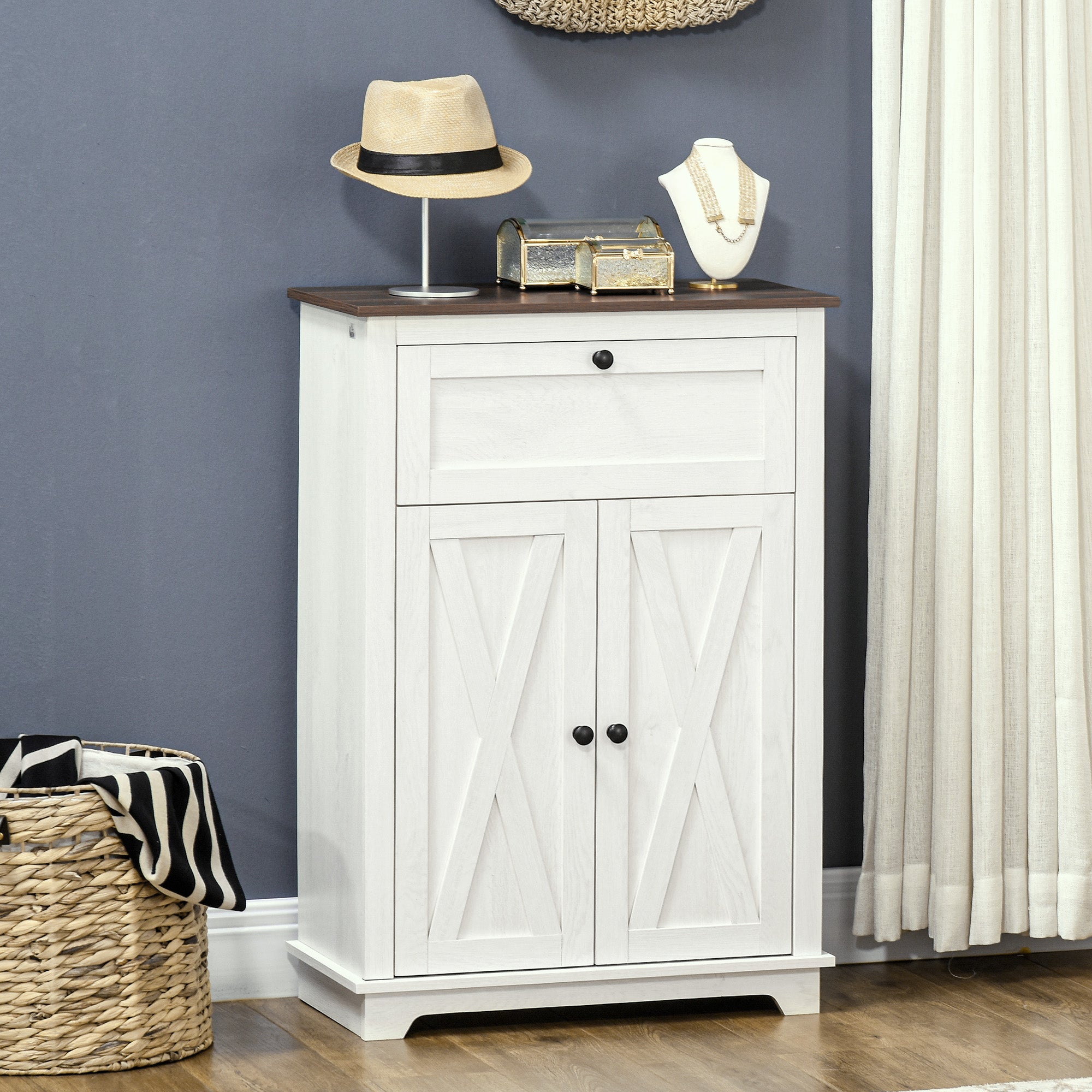 HOMCOM Storage Cabinet, Farmhouse Kitchen Cabinet with Drawer, Barn Doors and Adjustable Shelf, White