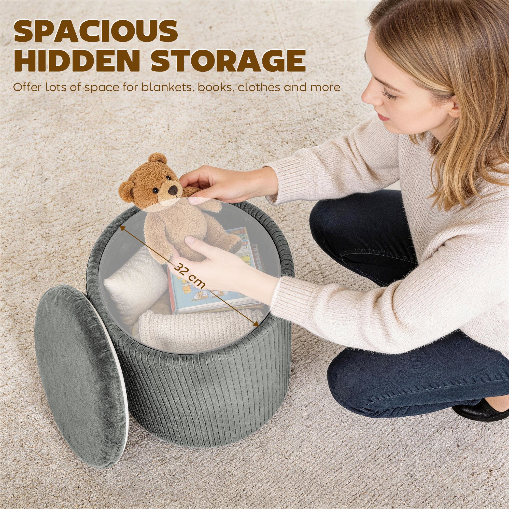 Round Storage Ottoman, Velvet-feel Fabric Upholstered Foot Stool with Removable Top, Padded Seat and Hidden Space for Living Room, Bedroom, Grey
