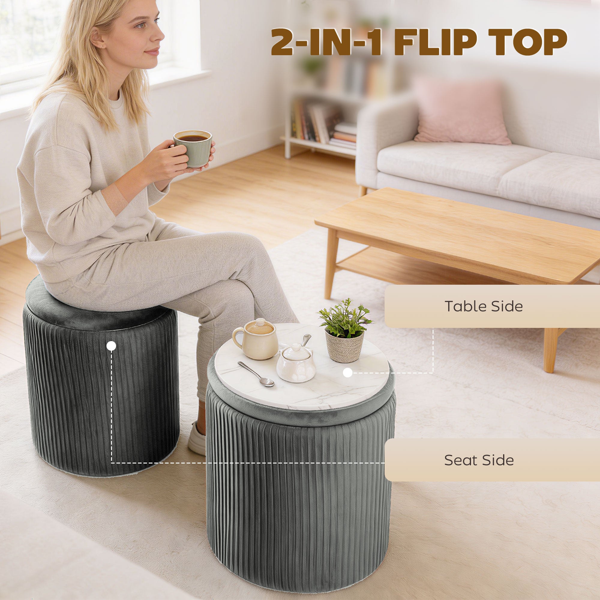 Round Storage Ottoman, Velvet-feel Fabric Upholstered Foot Stool with Removable Top, Padded Seat and Hidden Space for Living Room, Bedroom, Grey