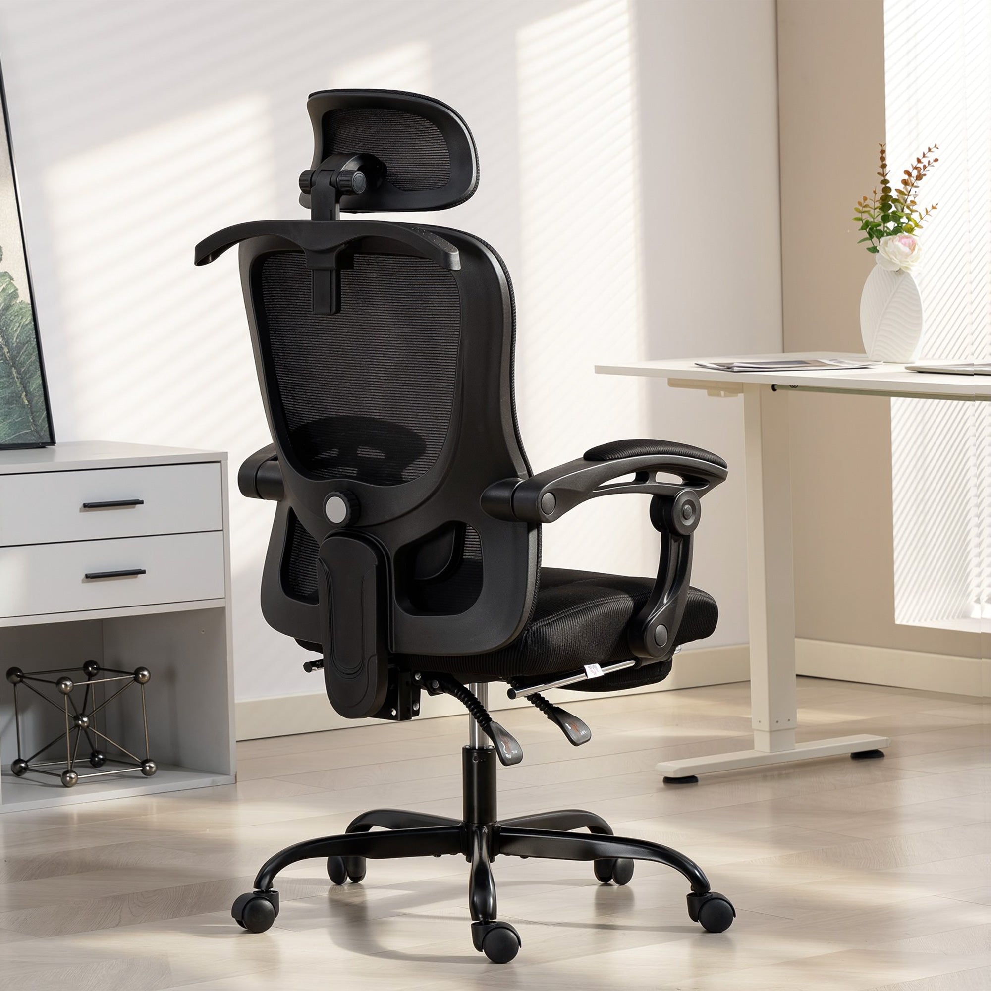 Ergonomic Office Chair, Mesh Computer Desk Chair with Adjustable Headrest, Lumbar Support, High Back, Reclining Function, Retractable Footrest, Black