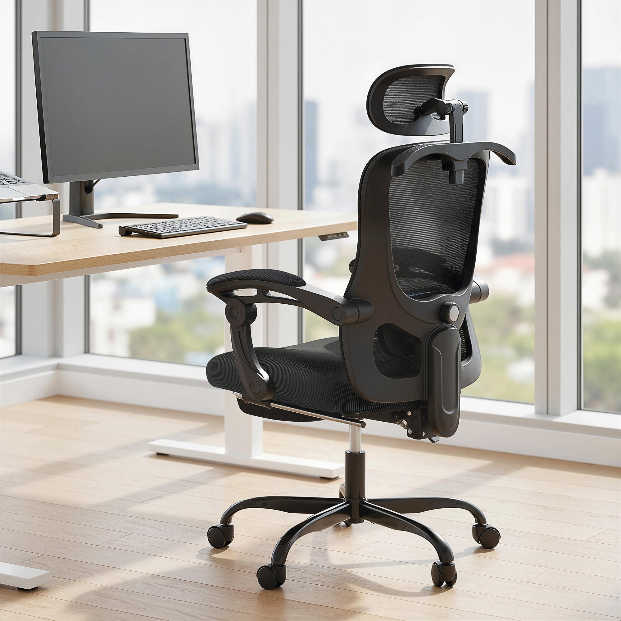 Ergonomic Office Chair, Mesh Computer Desk Chair with Adjustable Headrest, Lumbar Support, High Back, Reclining Function, Retractable Footrest, Black
