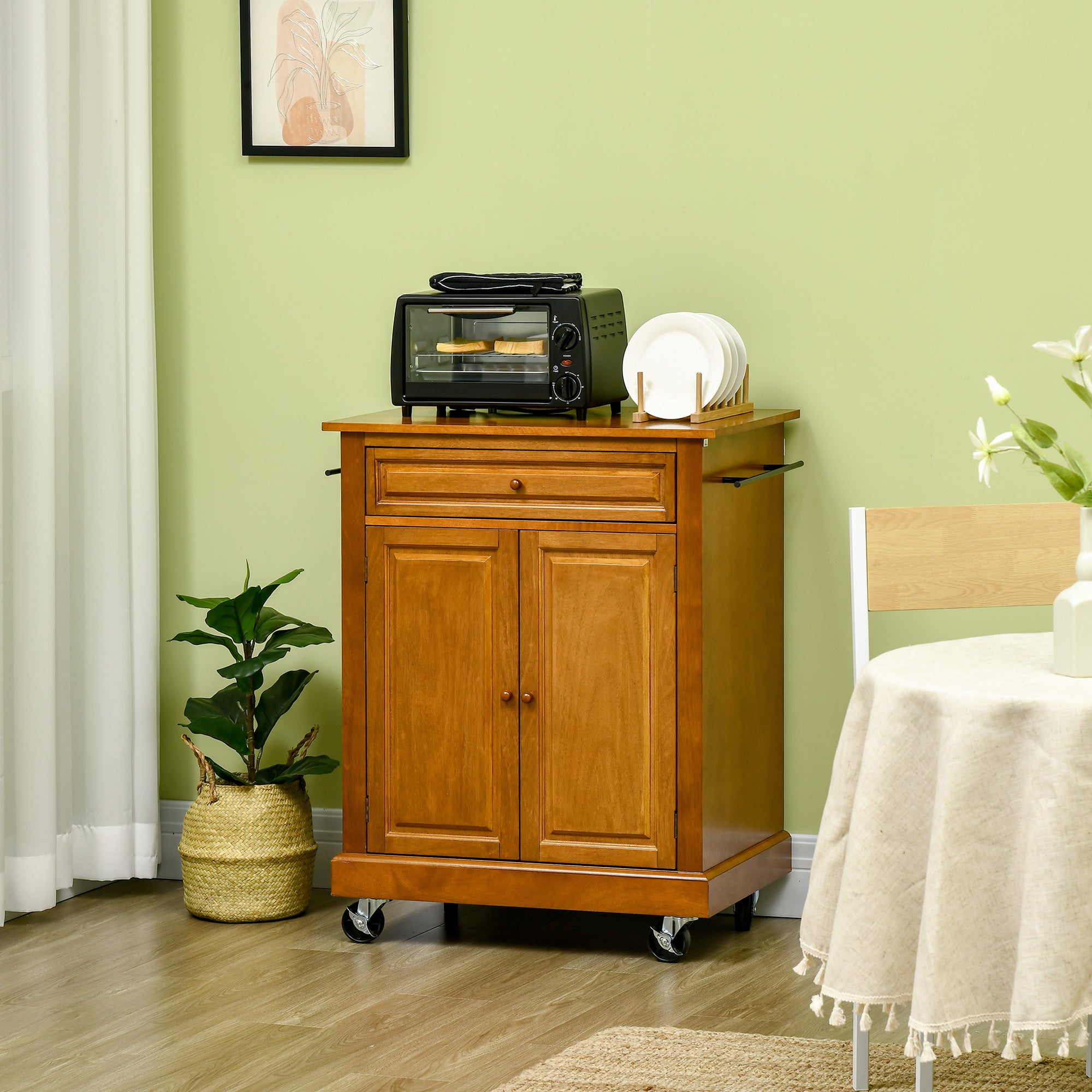 Modern Kitchen Island on Wheels Rolling Cart with Drawer Storage Cabinet and 2 Towel Racks Brown