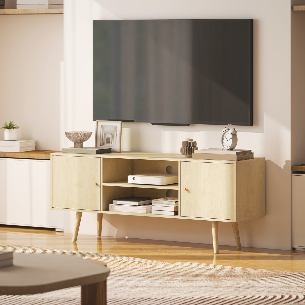 TV Stand Cabinet for TVs up to 55 Inches, Entertainment Unit with Storage Shelves and Wood Legs for Living Room, Natural Wood