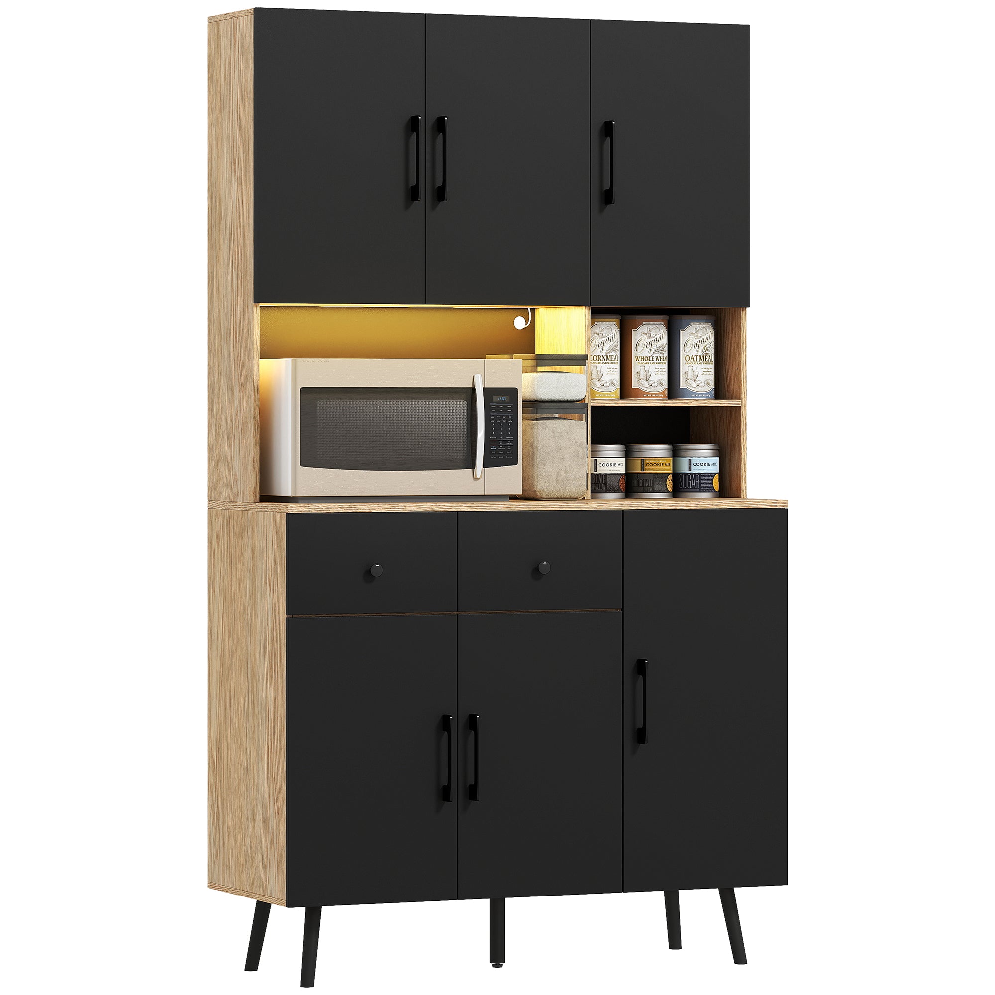 176 cm Tall Kitchen Cupboard with RGB LED Lights, Freestanding 6-Door Kitchen Storage Cabinet with 2 Drawers, Adjustable Shelves, Open Countertop and Cable Hole, Oak and Black