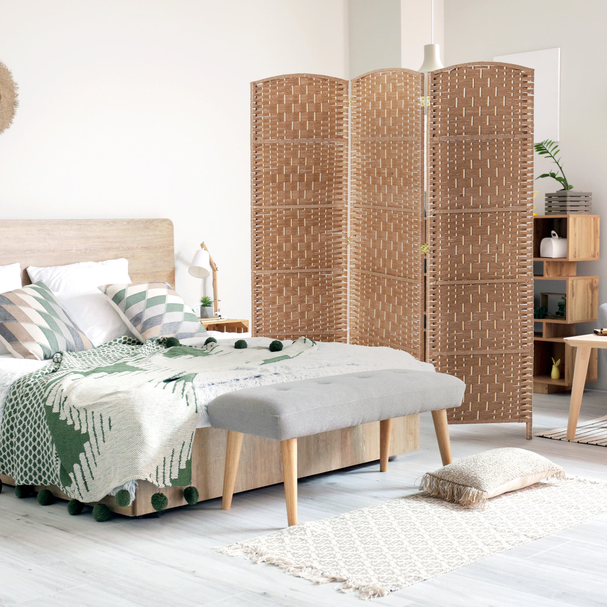 HOMCOM 3 Panels Room Divider, 6 Ft Tall Indoor Portable Folding Privacy Screens, Hand-Woven Double Hinged Freestanding Partition Wall Divider for Home Office, Natural