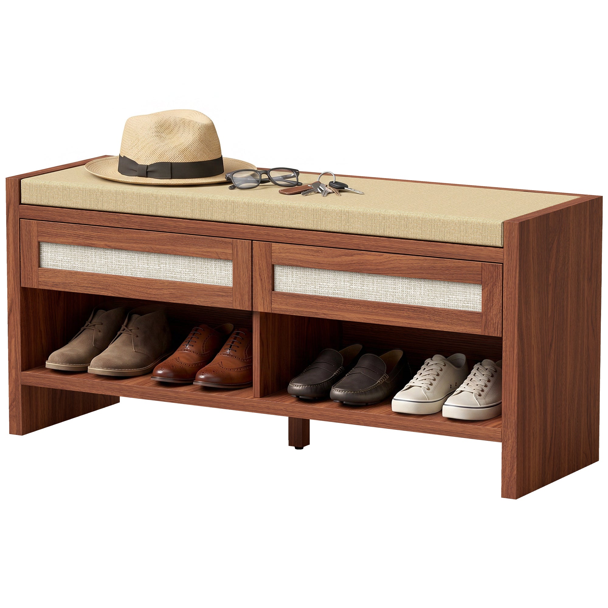 Shoe Bench with 2 Rattan Drawers, Boho Shoe Storage Bench with Linen-Look Cushioned Seat and Open Shelf, for Entryway, Living Room, Bedroom, 108 x 35 x 50 cm, Brown