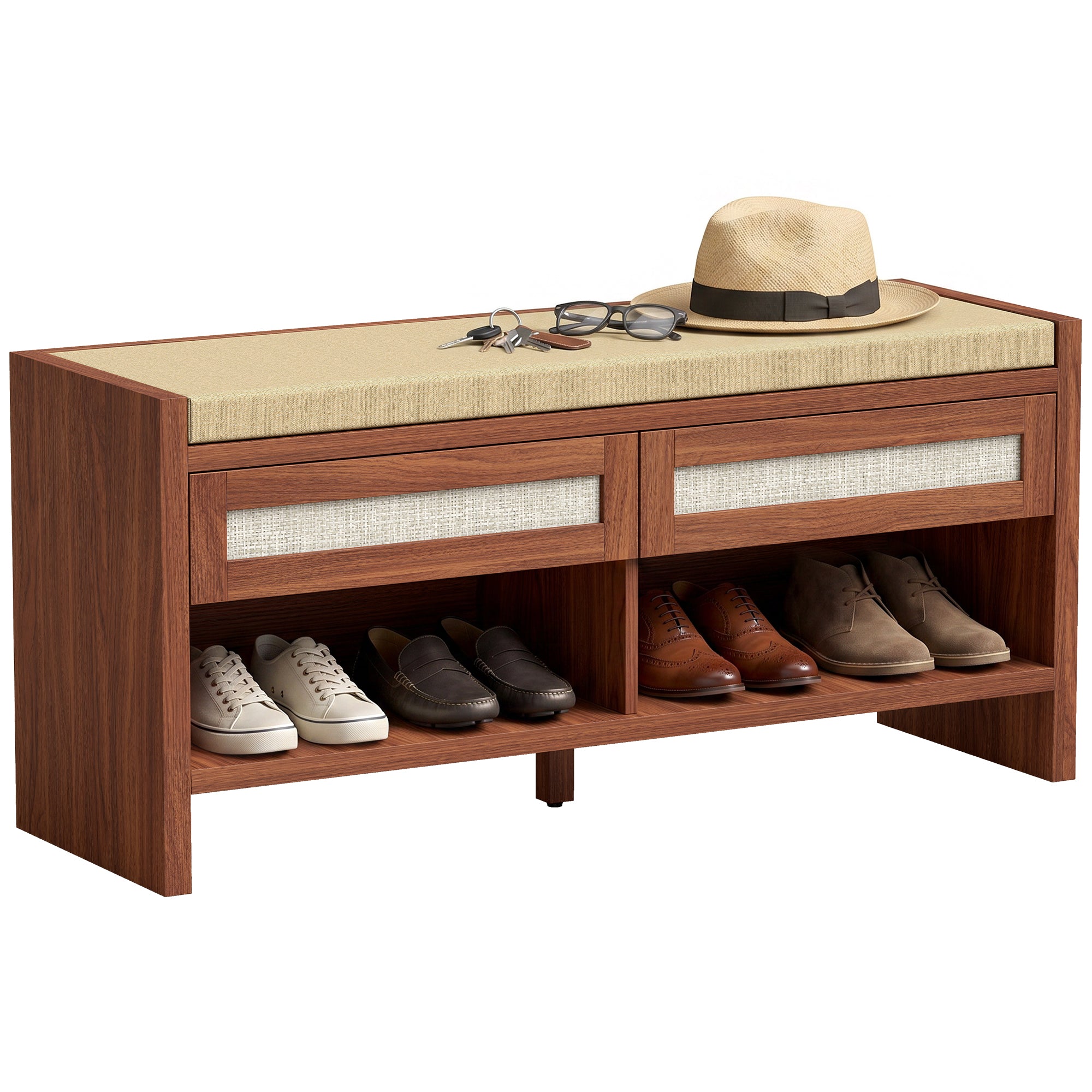 Shoe Bench with 2 Rattan Drawers, Boho Shoe Storage Bench with Linen-Look Cushioned Seat and Open Shelf, for Entryway, Living Room, Bedroom, 108 x 35 x 50 cm, Brown