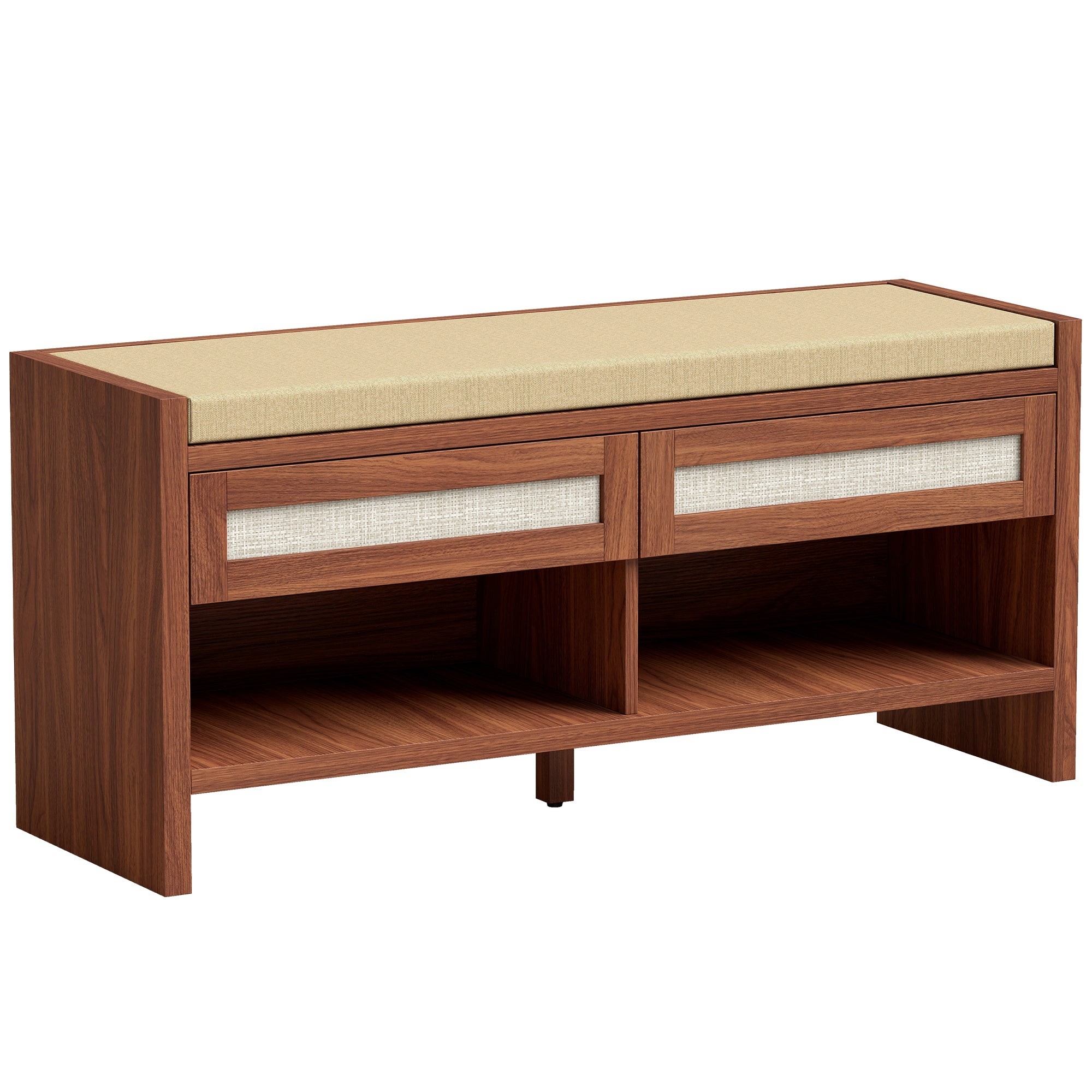 Shoe Bench with 2 Rattan Drawers, Boho Shoe Storage Bench with Linen-Look Cushioned Seat and Open Shelf, for Entryway, Living Room, Bedroom, 108 x 35 x 50 cm, Brown