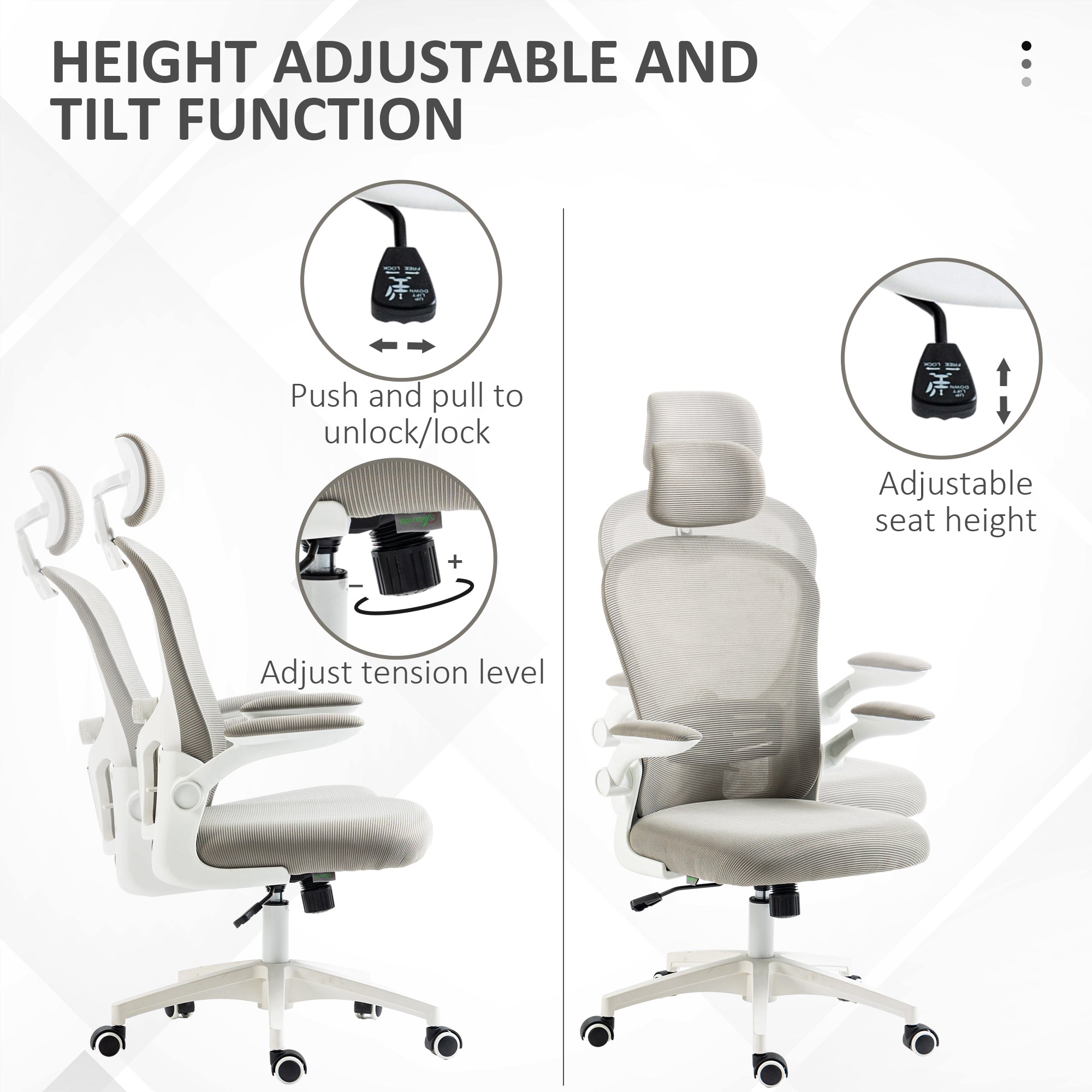 Vinsetto High Back Office Chair, Mesh Computer Desk Chair with Rotatable Headrest, 4D Lumbar Support, Flip-up Arm, Adjustable Height, Grey