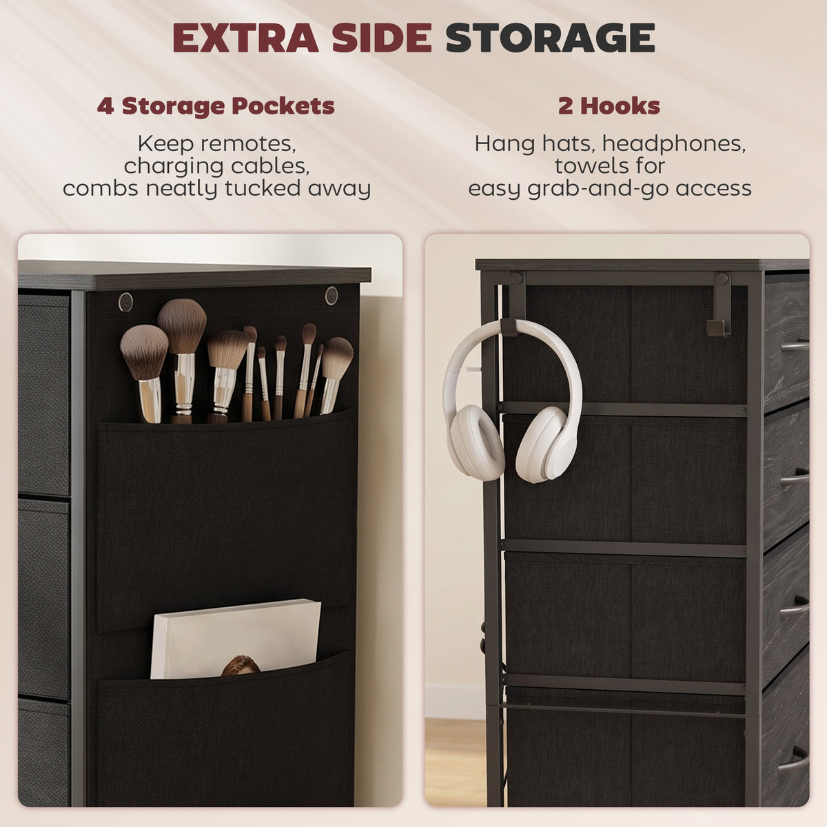 Chest of Drawers, Dresser for Bedroom with 8 Fabric Drawers, Tall Storage Unit with 4 Pockets, 2 Hooks and Steel Frame for Living Room, Hallway, Black