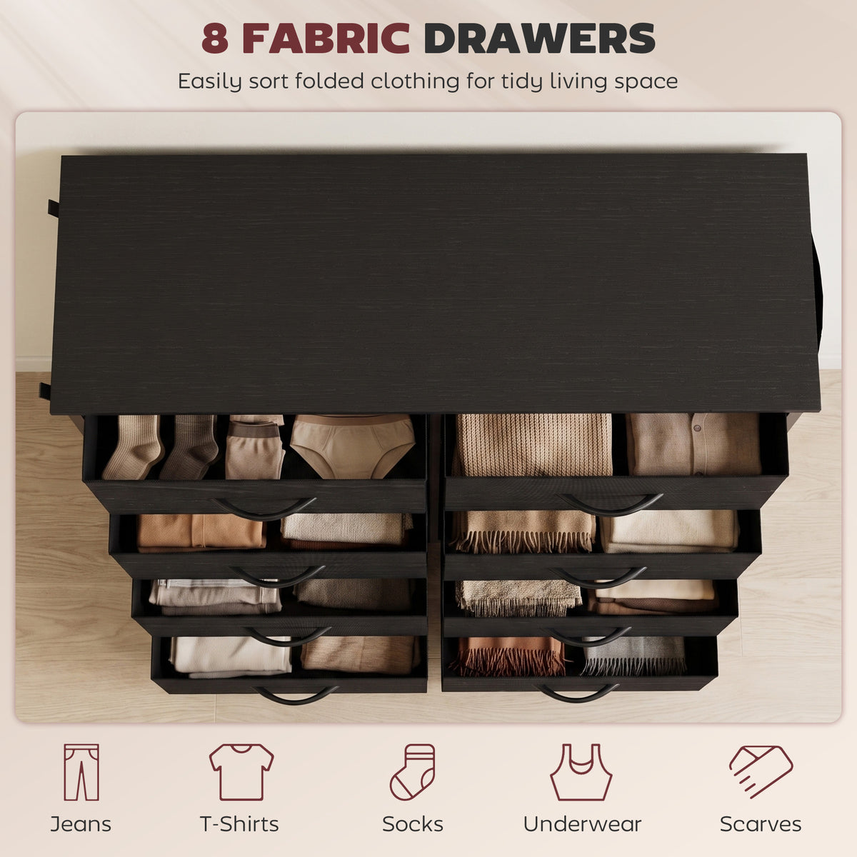 Chest of Drawers, Dresser for Bedroom with 8 Fabric Drawers, Tall Storage Unit with 4 Pockets, 2 Hooks and Steel Frame for Living Room, Hallway, Black