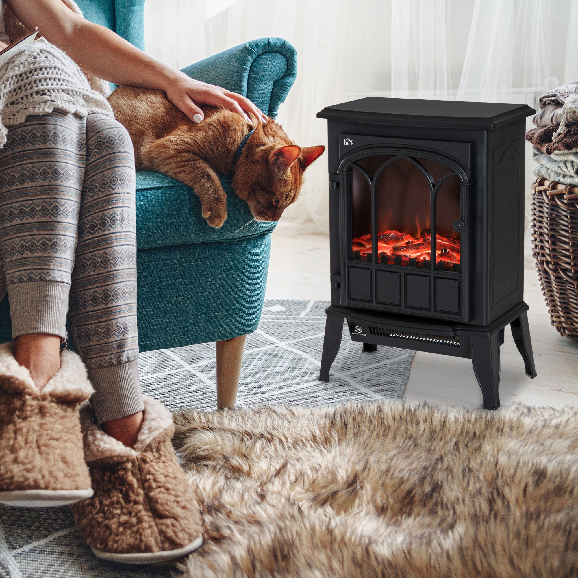 Freestanding Electric Fireplace, Electric Stove Heater with LED Flame Effect, Overheating Safety System, 1000W/2000W Black