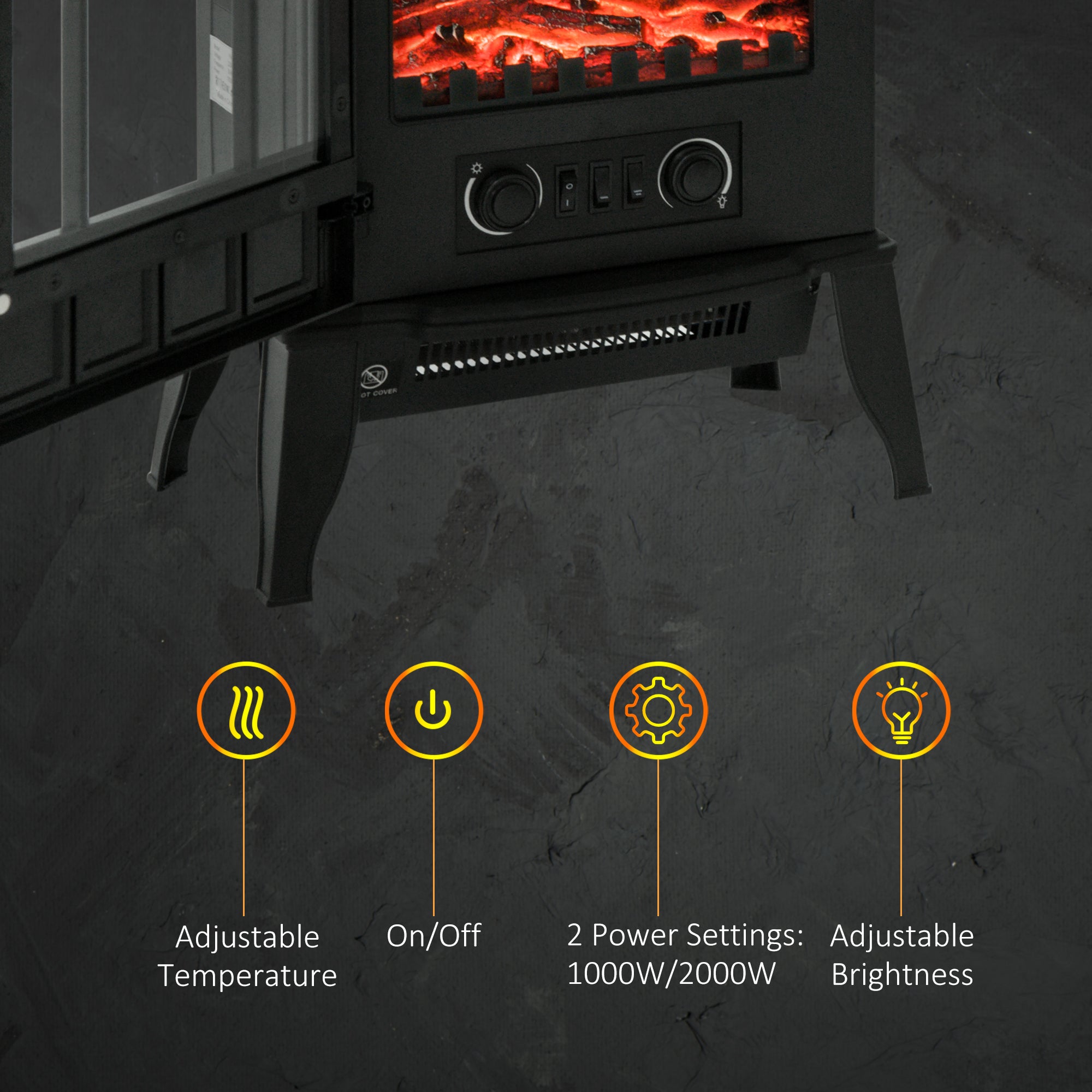 Freestanding Electric Fireplace, Electric Stove Heater with LED Flame Effect, Overheating Safety System, 1000W/2000W Black