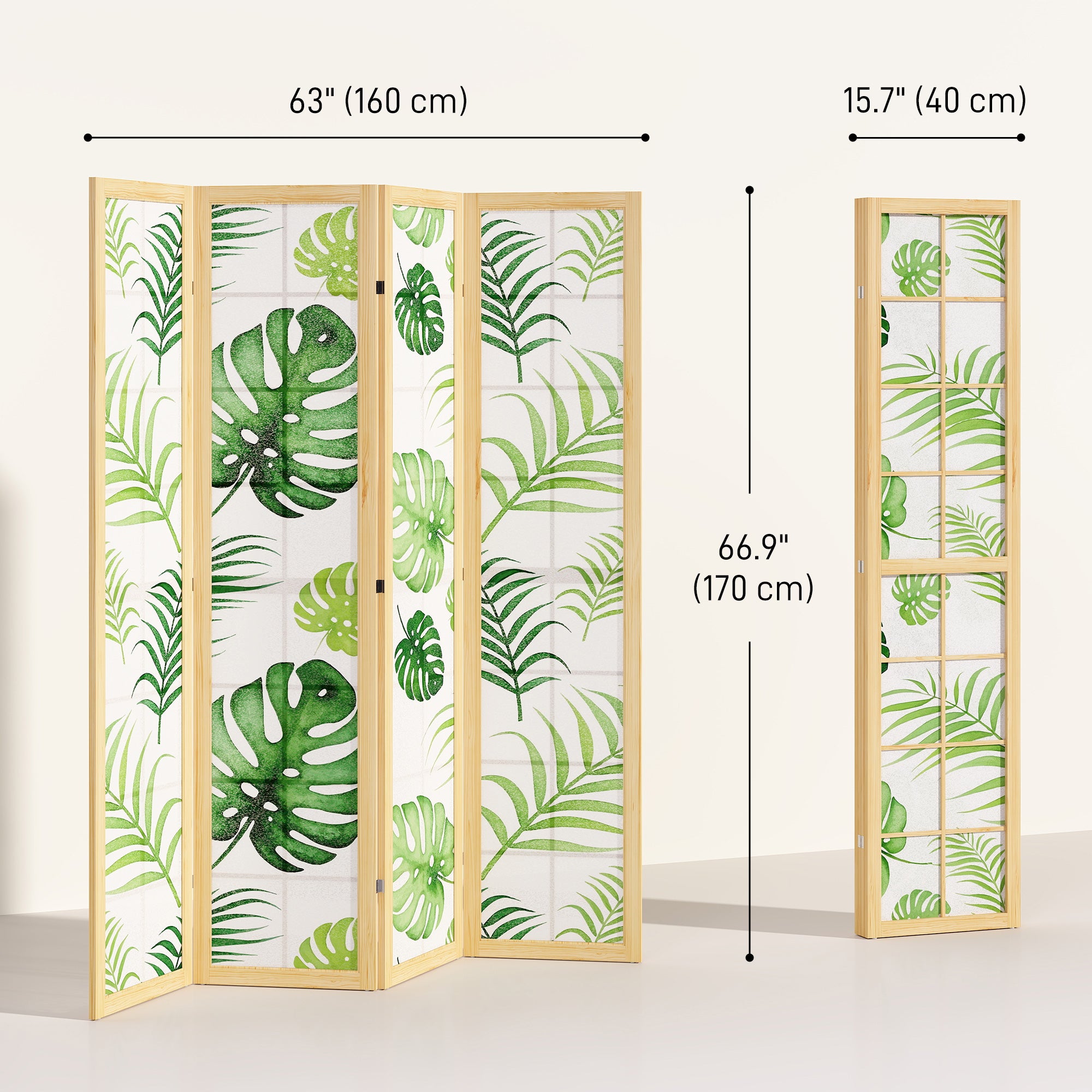 4 Panel Room Divider, 67" Boho Folding Privacy Screen with Tropical Palm Leaf Design, Freestanding Pine Wood Partition for Living Room Bedroom Office, Natural and Green