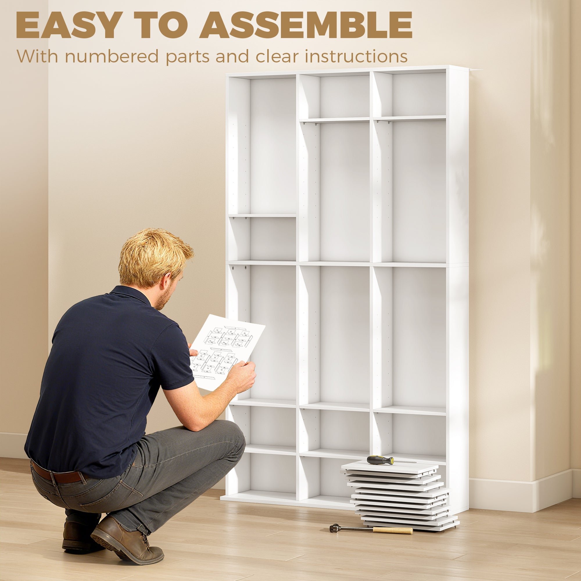 835 CD/500 DVD Storage Unit, Blu-ray Media Storage Shelf with 27 Compartments and 21 Adjustable Shelves, CD Tower for Living Room, Bedroom, Office, White