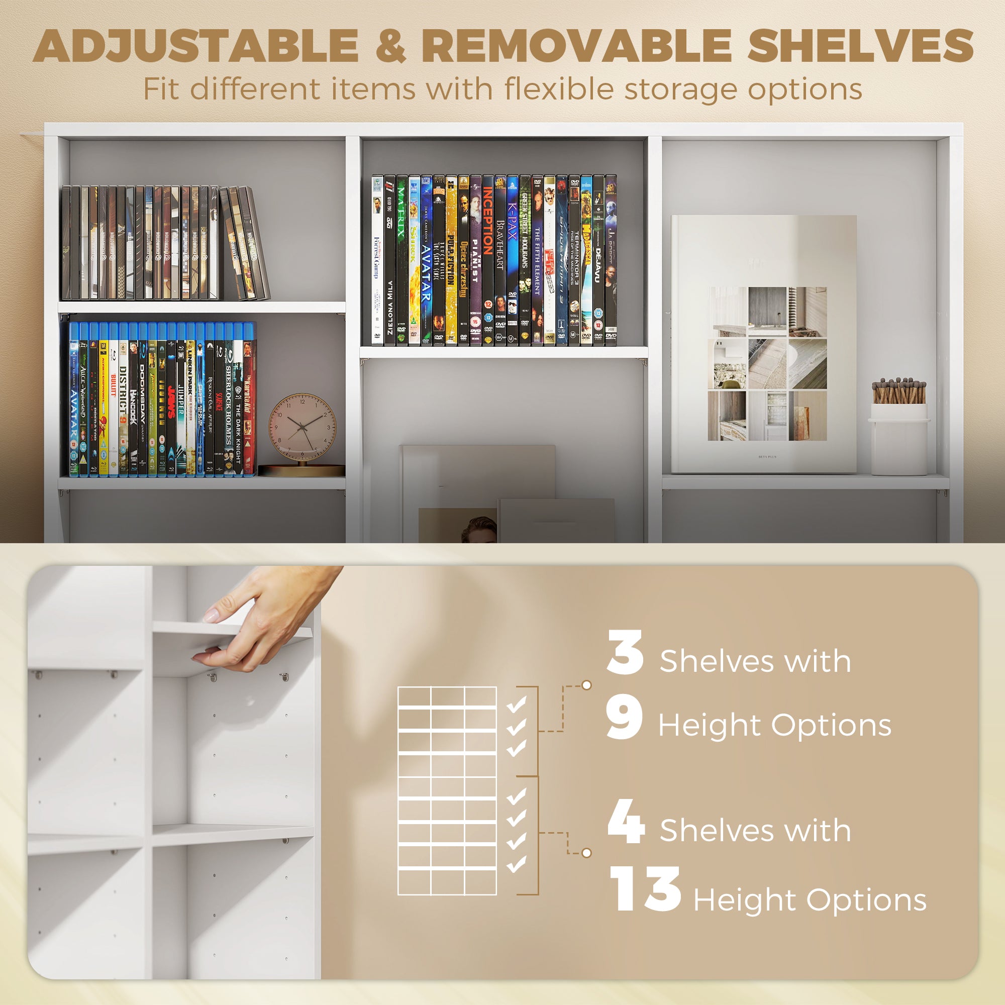 835 CD/500 DVD Storage Unit, Blu-ray Media Storage Shelf with 27 Compartments and 21 Adjustable Shelves, CD Tower for Living Room, Bedroom, Office, White