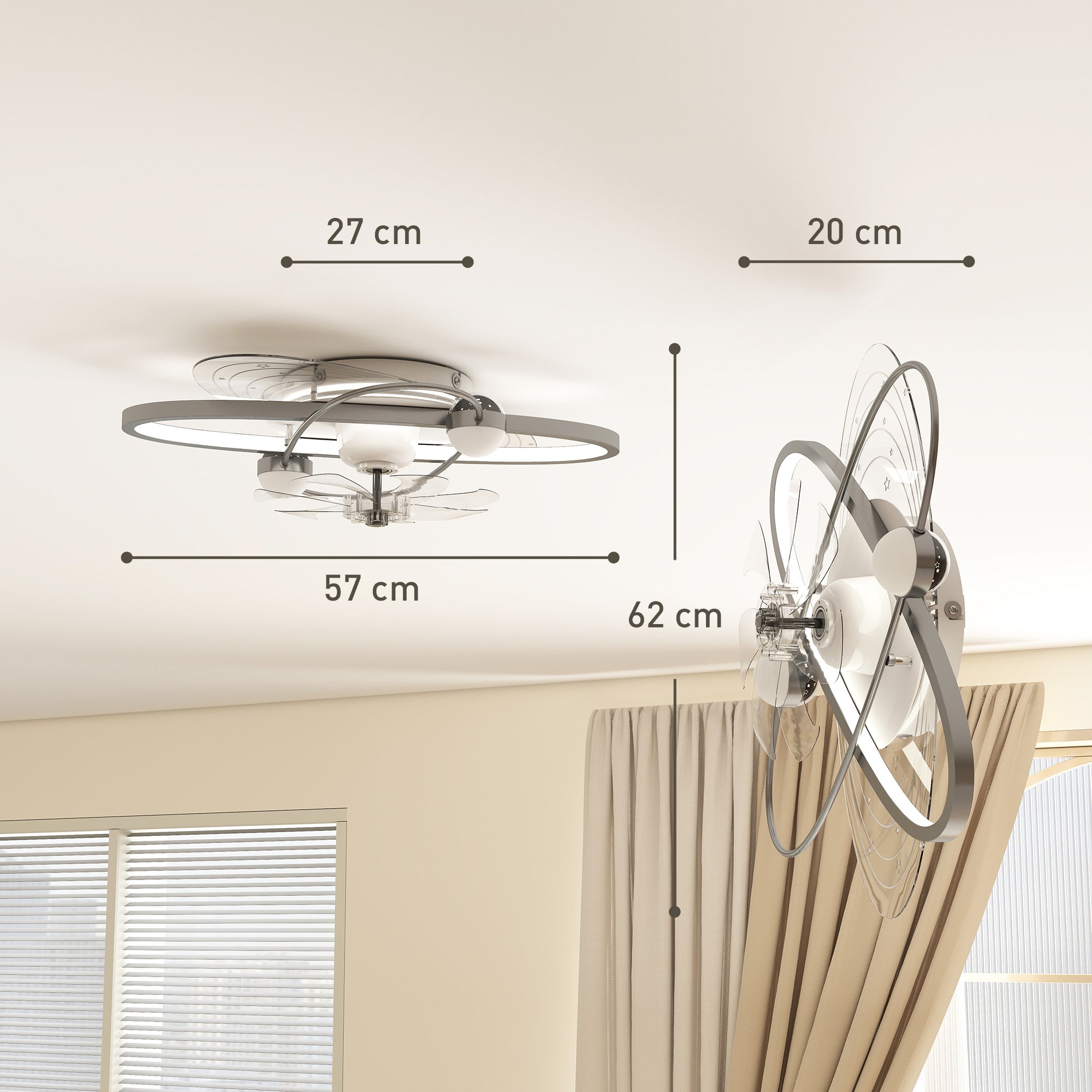 Ceiling Fans with Lights and Remote & App Control, 62 cm Modern LED Ceiling Fan Light with 3 Colour Temperatures, 6 Speed, Timer, Dimmable, Quiet Reversible DC Motor, for Bedroom, Silver Tone