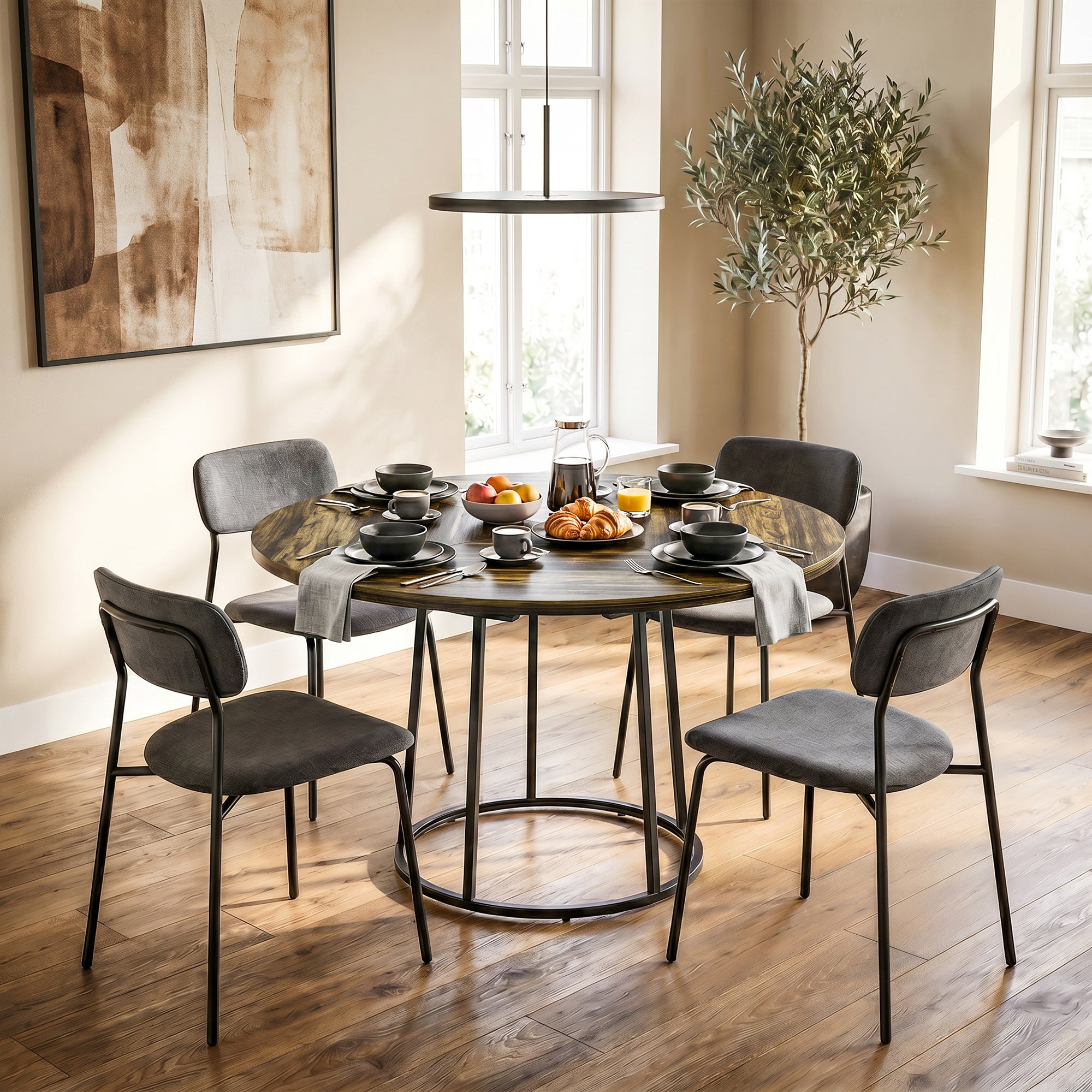 Modern Industrial Dining Table for 4-6 People, 120 cm Round Kitchen Table with Spliced Top and Conical Metal Base for Dining Room, Kitchen, Living Room, Rustic Brown