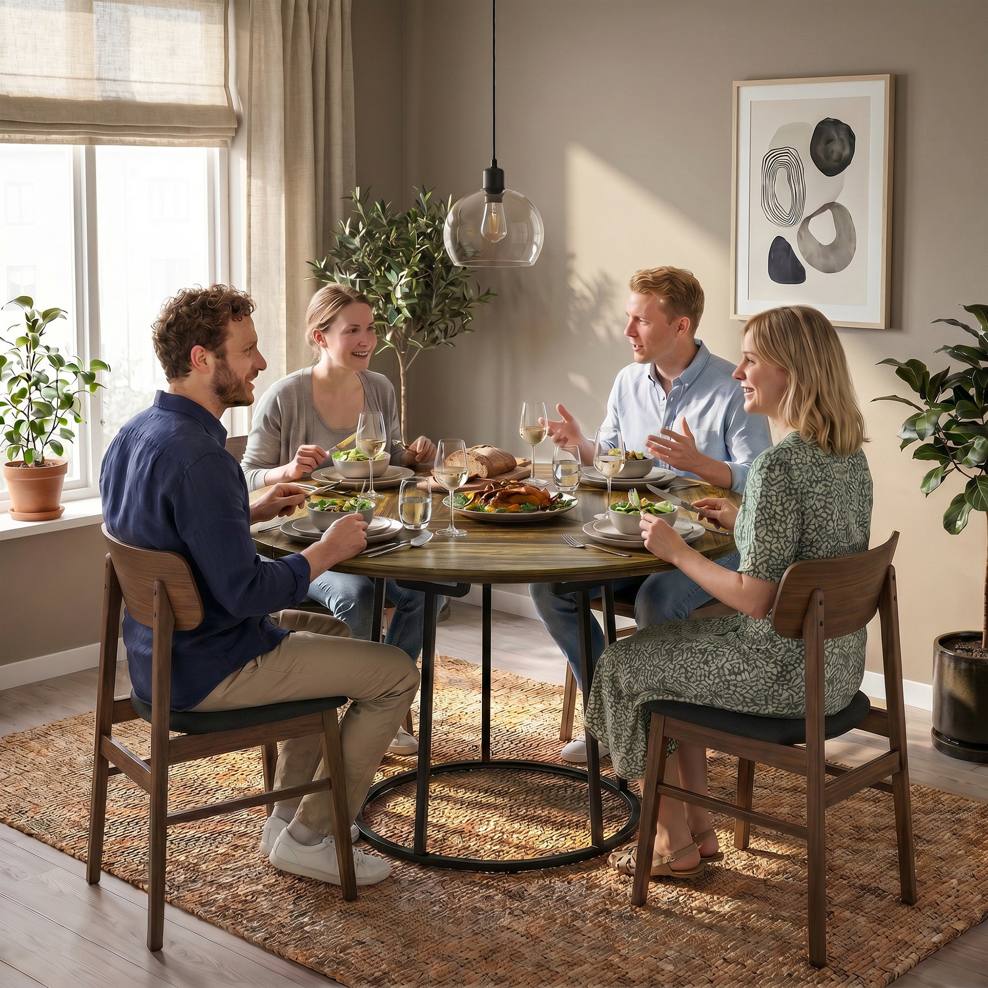 Modern Industrial Dining Table for 4-6 People, 120 cm Round Kitchen Table with Spliced Top and Conical Metal Base for Dining Room, Kitchen, Living Room, Rustic Brown