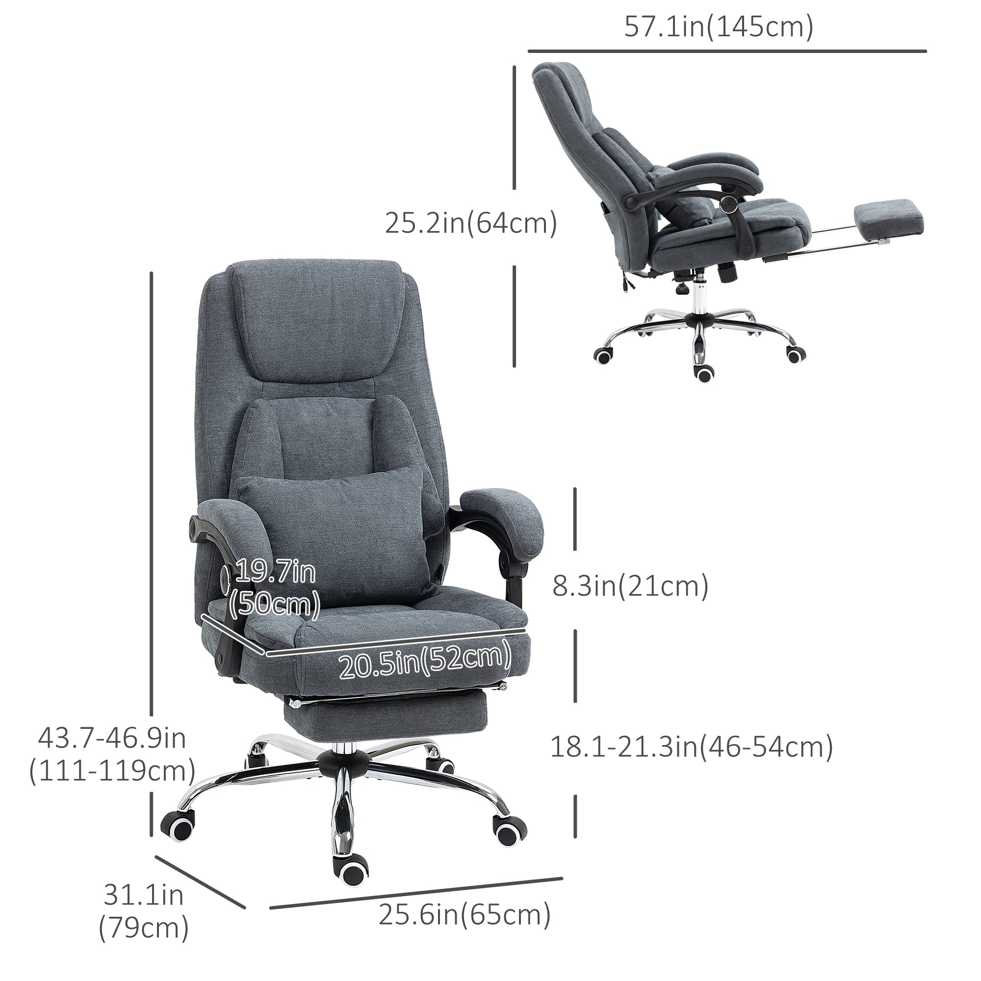 Vinsetto High Back Massage Office Chair with Kneading, Reclining Swivel Fabric Computer Chair with Footrest, Armrest, Grey