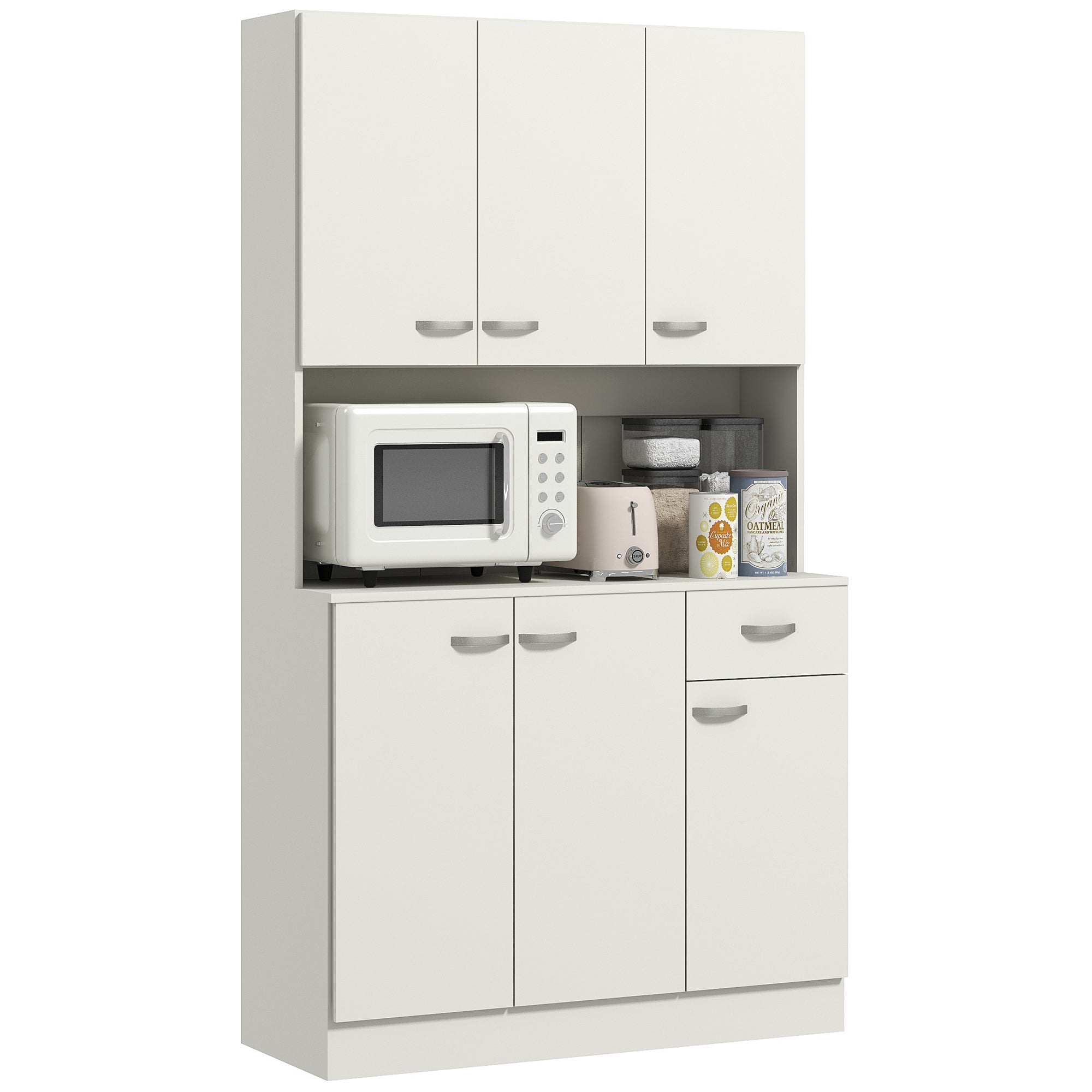 HOMCOM Kitchen Cupboard, Freestanding Kitchen Storage Cabinet with 6 Doors, Drawer, Adjustable Shelves and Open Countertop for Dining Room, Cream White