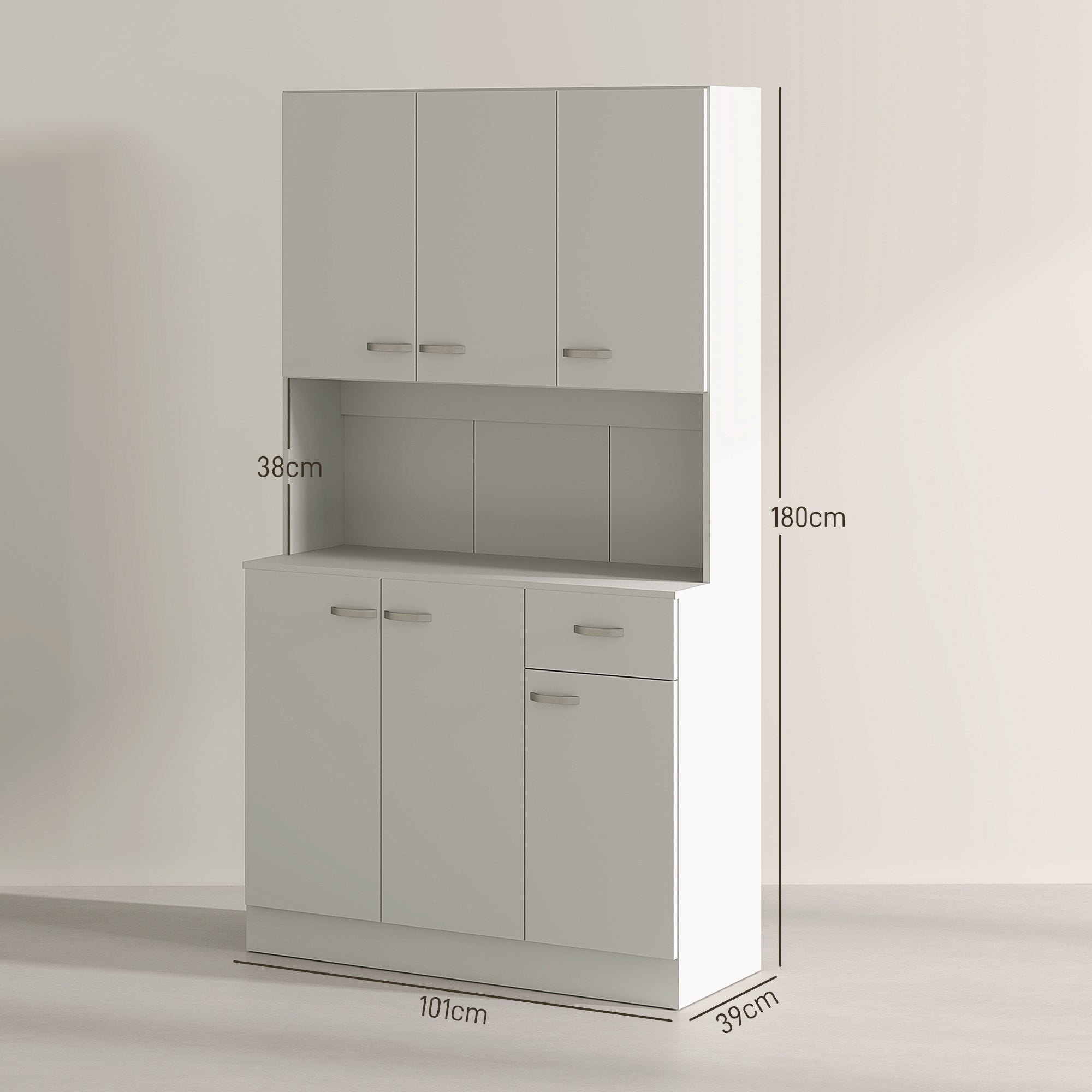 HOMCOM Kitchen Cupboard, Freestanding Kitchen Storage Cabinet with 6 Doors, Drawer, Adjustable Shelves and Open Countertop for Dining Room, Cream White