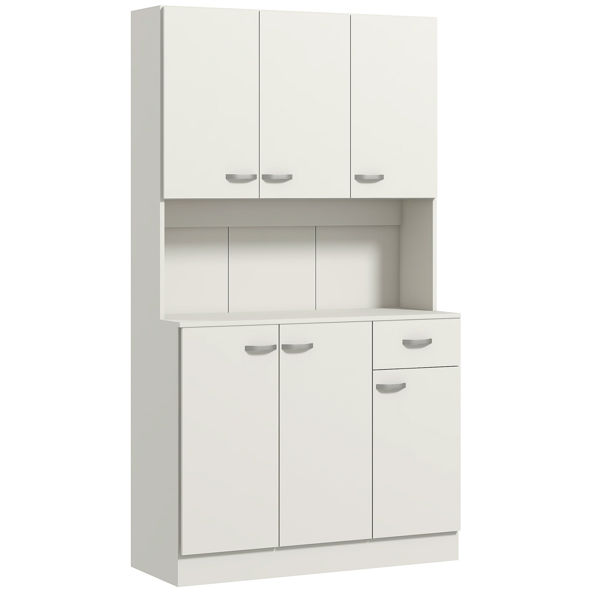 HOMCOM Kitchen Cupboard, Freestanding Kitchen Storage Cabinet with 6 Doors, Drawer, Adjustable Shelves and Open Countertop for Dining Room, Cream White