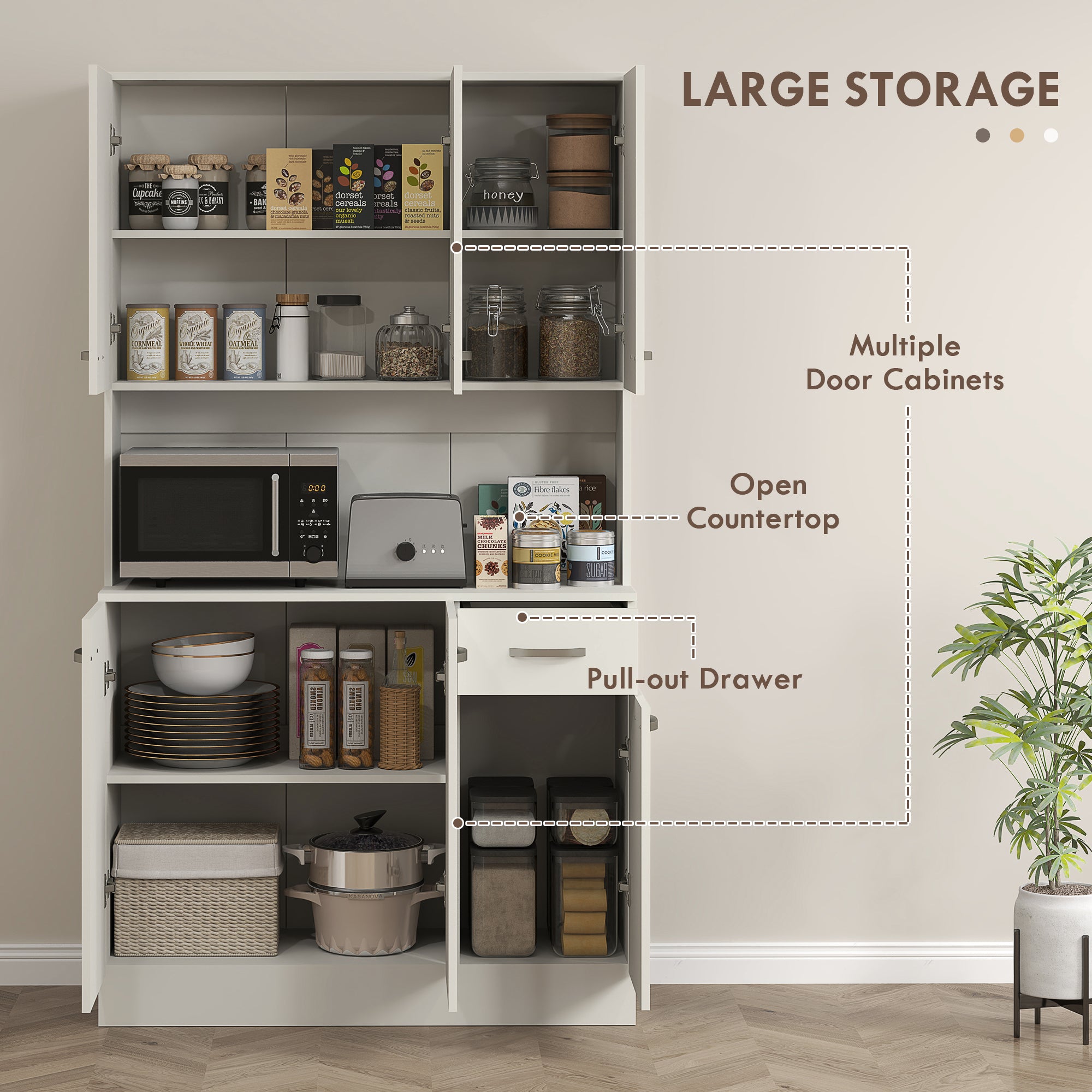 HOMCOM Kitchen Cupboard, Freestanding Kitchen Storage Cabinet with 6 Doors, Drawer, Adjustable Shelves and Open Countertop for Dining Room, Cream White