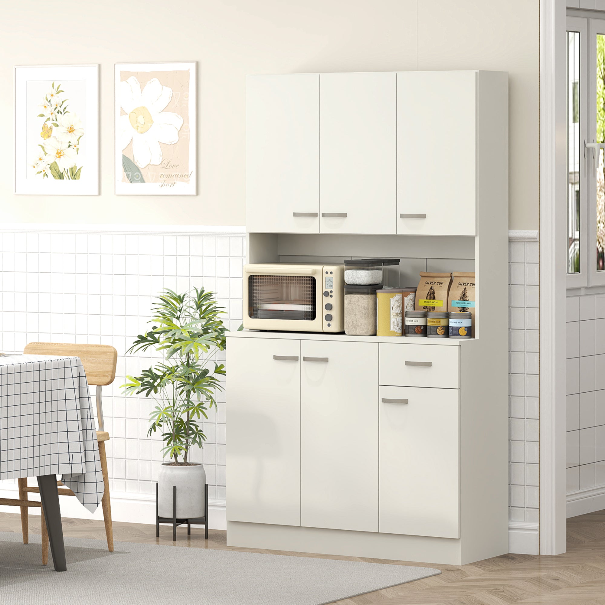 HOMCOM Kitchen Cupboard, Freestanding Kitchen Storage Cabinet with 6 Doors, Drawer, Adjustable Shelves and Open Countertop for Dining Room, Cream White