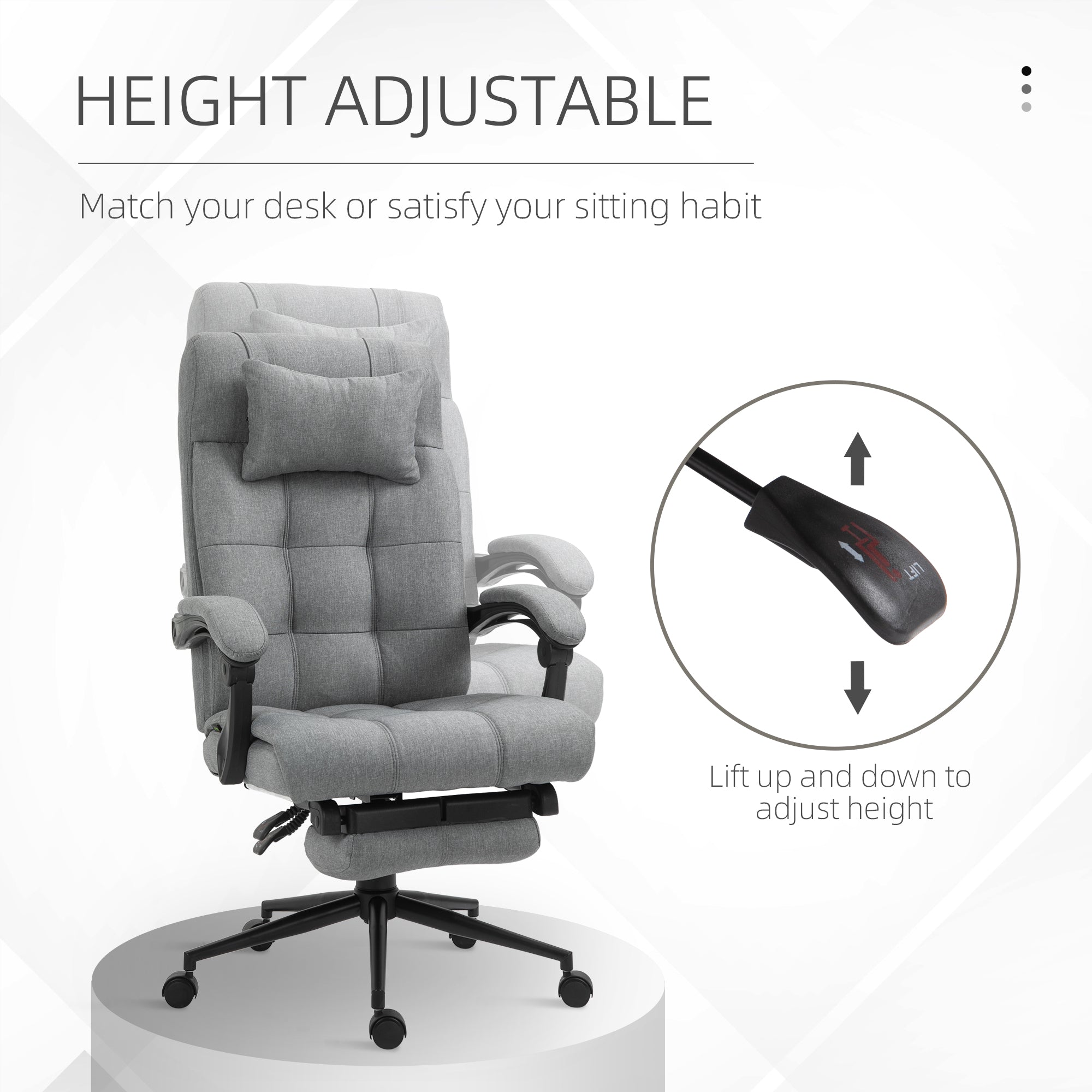 Vinsetto Office Chair Ergonomic Desk Chair, Computer Chair with Footrest & Head Pillow, 360° Swivel Recliner Chair for Home Office, Light Grey