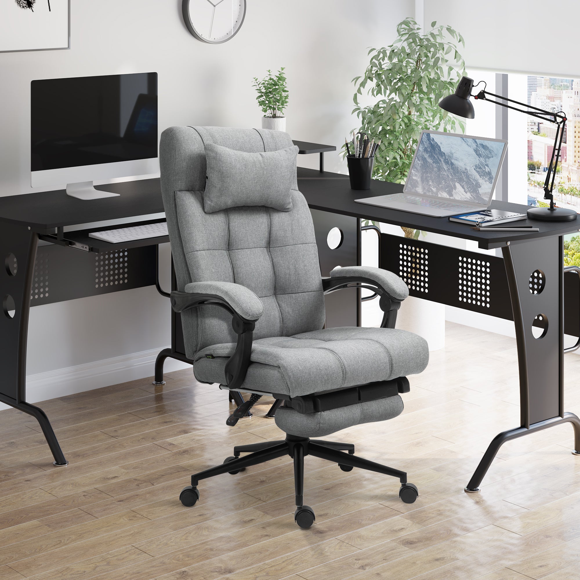 Vinsetto Office Chair Ergonomic Desk Chair, Computer Chair with Footrest & Head Pillow, 360° Swivel Recliner Chair for Home Office, Light Grey