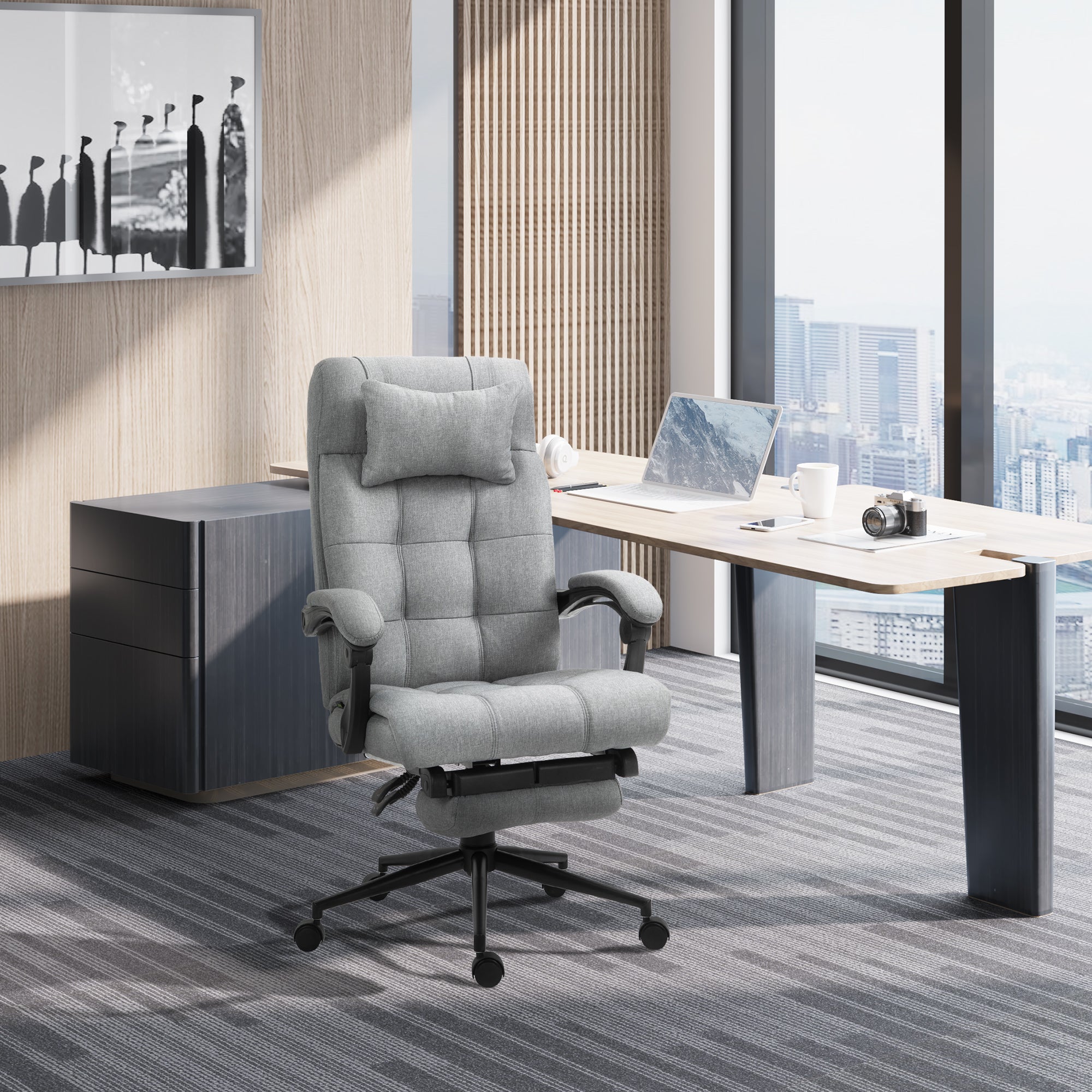 Vinsetto Office Chair Ergonomic Desk Chair, Computer Chair with Footrest & Head Pillow, 360° Swivel Recliner Chair for Home Office, Light Grey