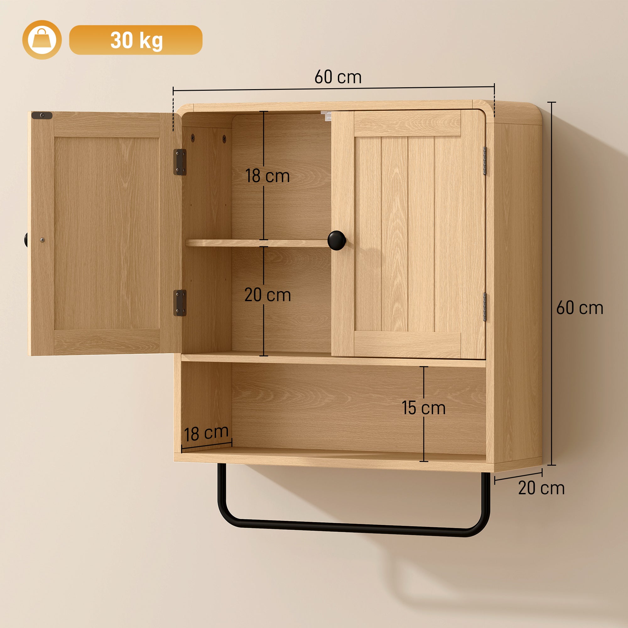 Bathroom Wall Cabinet, Wall Mounted Bathroom Cabinet with 2 Doors, Open Shelf, Towel Bar and Adjustable Shelf Storage for Toilet, Laundry, Oak