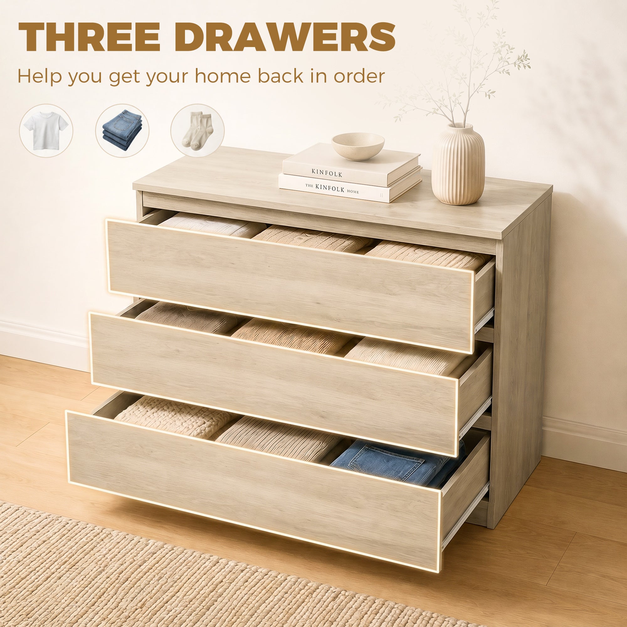 Chest of Drawers, 3-Drawer Storage Organiser Unit for Bedroom, Living Room, 80 x 39 x 73cm, Oak
