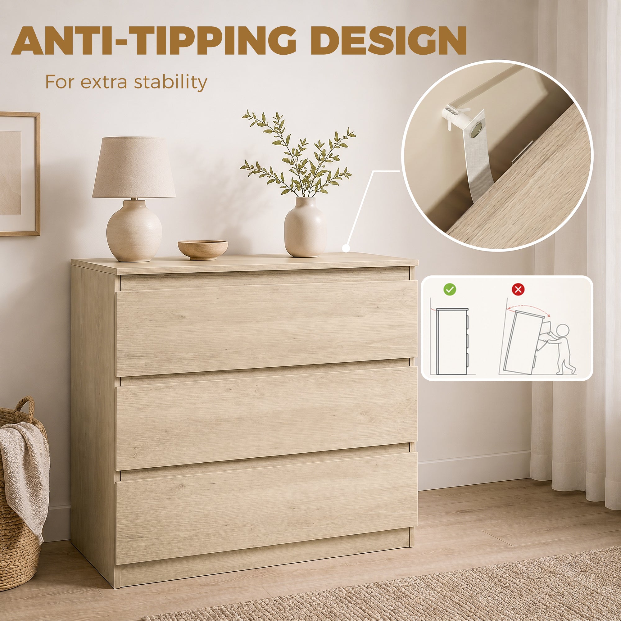 Chest of Drawers, 3-Drawer Storage Organiser Unit for Bedroom, Living Room, 80 x 39 x 73cm, Oak