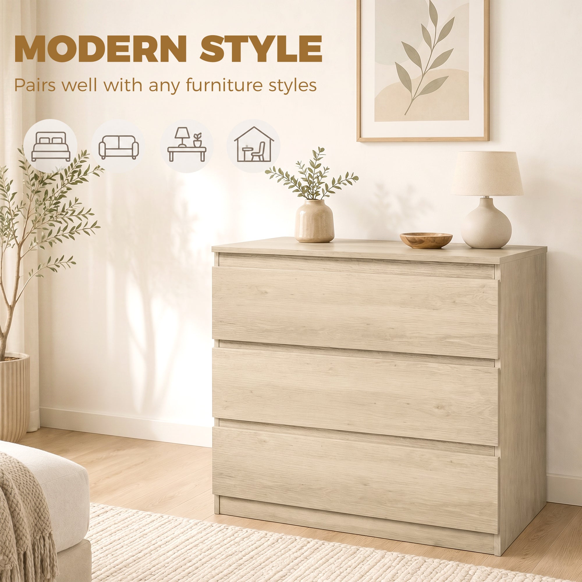 Chest of Drawers, 3-Drawer Storage Organiser Unit for Bedroom, Living Room, 80 x 39 x 73cm, Oak