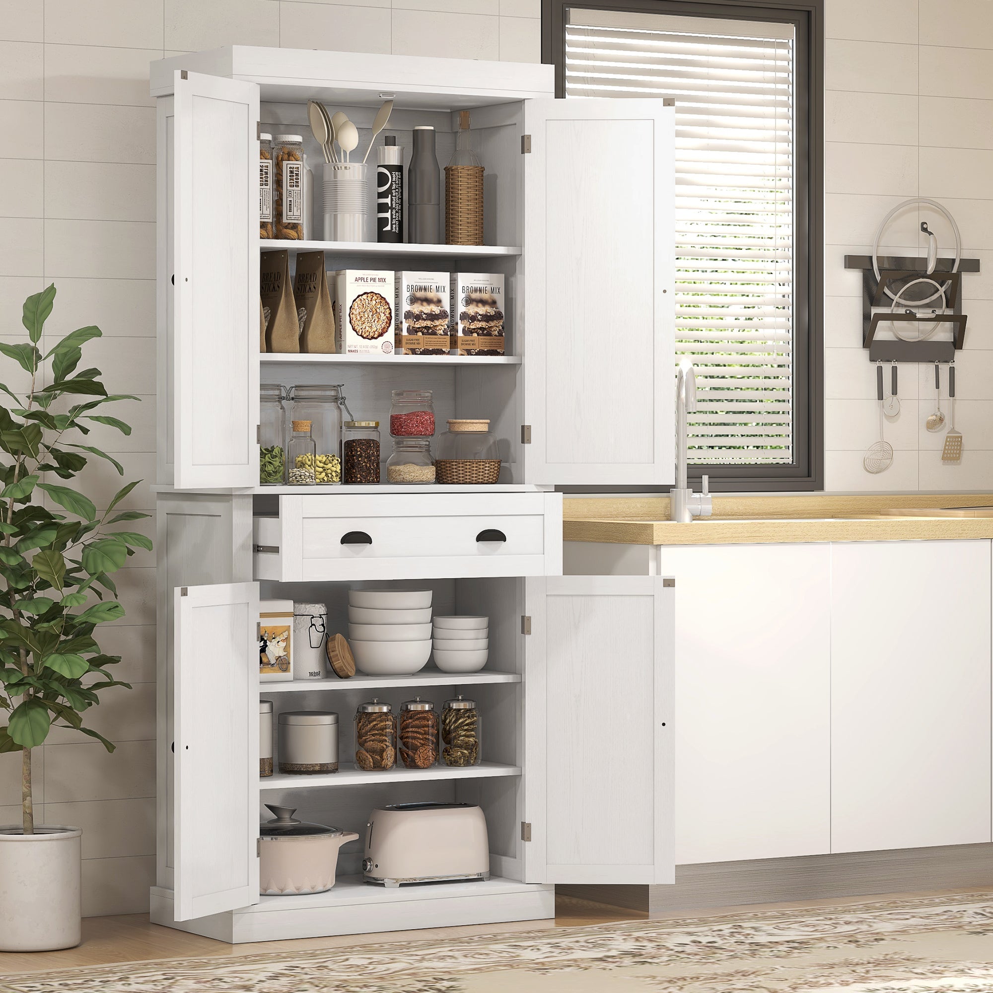 HOMCOM Freestanding Kitchen Pantry Storage Cabinet, Tall Cabinet with Drawer and Adjustable Shelves, White